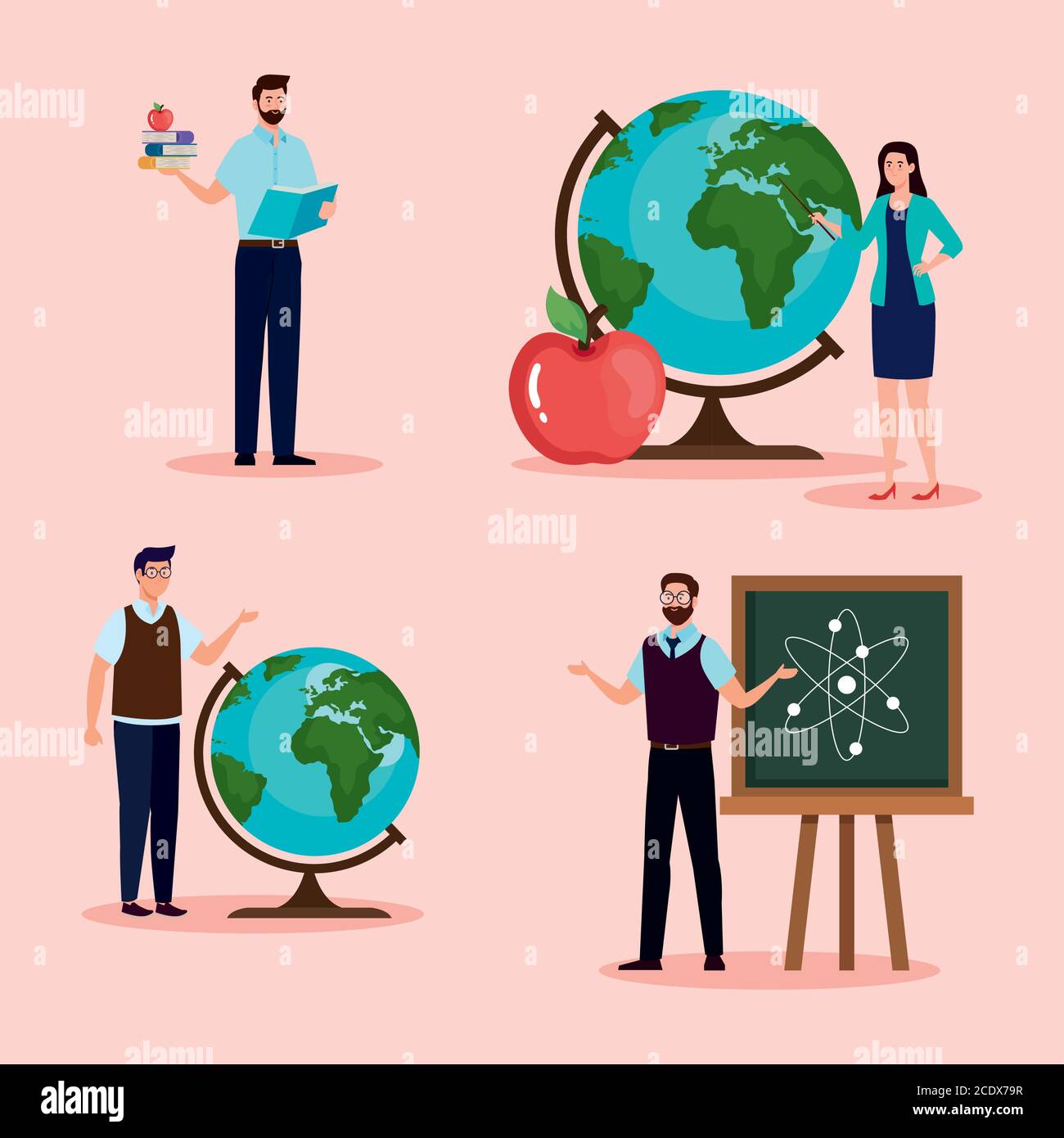 men and woman teachers with green board and worlds spheres vector design Stock Vector