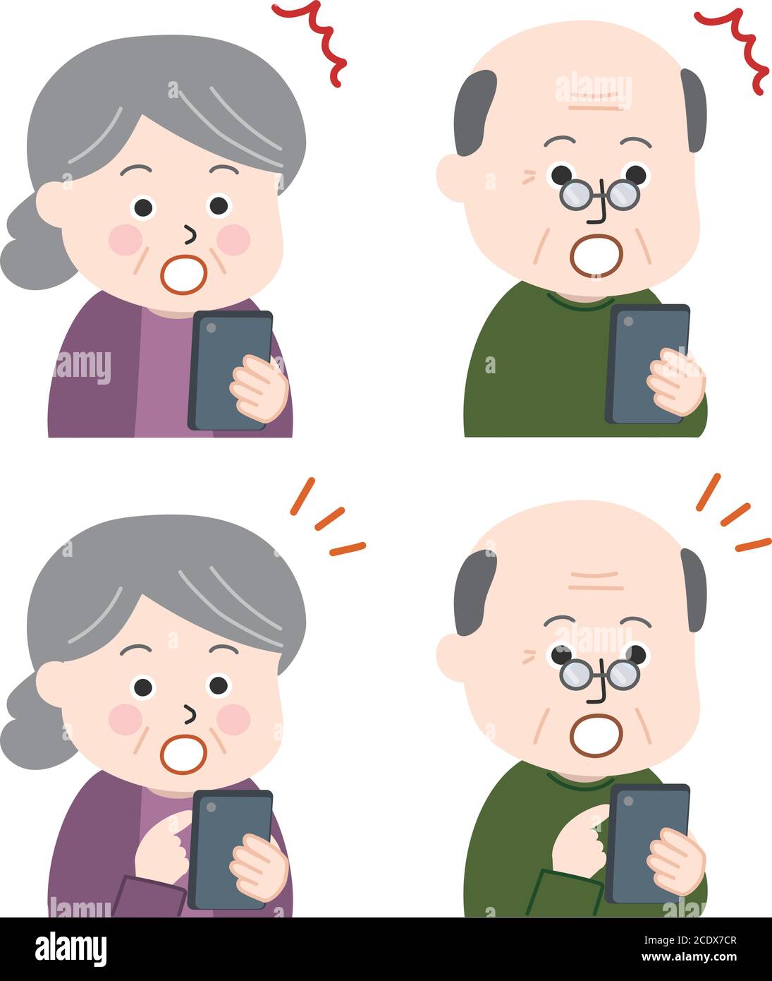 Surprised elderly man and woman being shocked to watch news with their smartphone. Vector illustration isolated on white background. Stock Vector