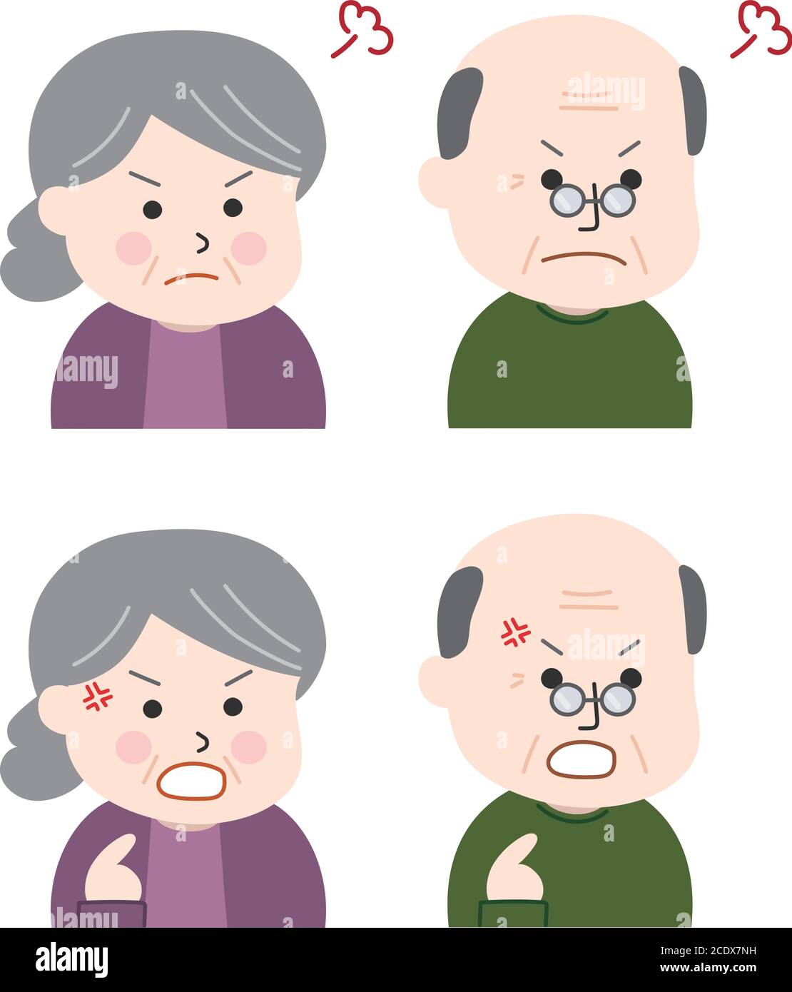Set of elderly people getting angry. Vector illustration isolated on