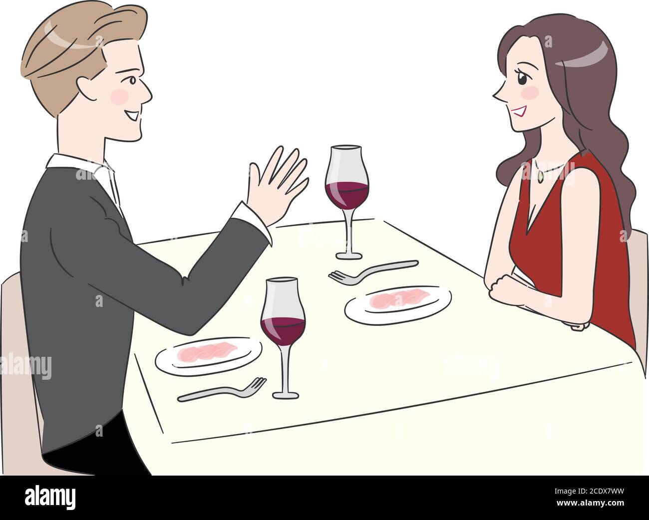 Couple raising a toast at restaurant. Vector illustration isolated on