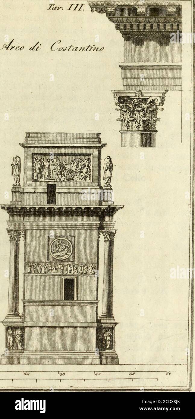 . Roma descritta ed illustrata . Tat^. IIL •,^rc&lt;? c/{ ùc?jta/it//i{? • • !^, «^T. I 43. delle statue . Ma quelle teste a Firenze non vi sono ; non vi èmemoria che sieno state, né a Firenze né altrove : al contra-rio , cavandosi intorno all Arco non ha guari, ne fu rinvenutauna e trasportata nel Museo Vaticano . Dio sa come la cosa siaandata . Le colonne , quantunque di un bellissimo giallo antico , f)er es.er patinate , e annegrite dal tempo, nascondono il suo bel-o ; ma in una che la tolse Clemente Vili, per servirsene sot-to lOrgano di S. Gio. Laterano » siccome lustrata e conservata ,pu Stock Photo