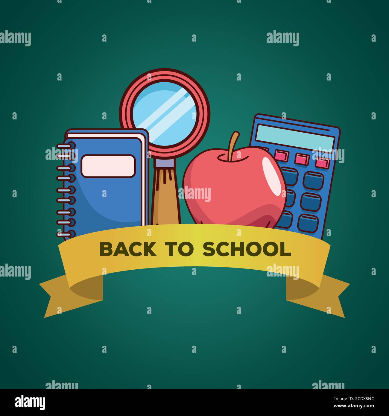 notebook lupe apple and calculator with ribbon design, Back to school ...