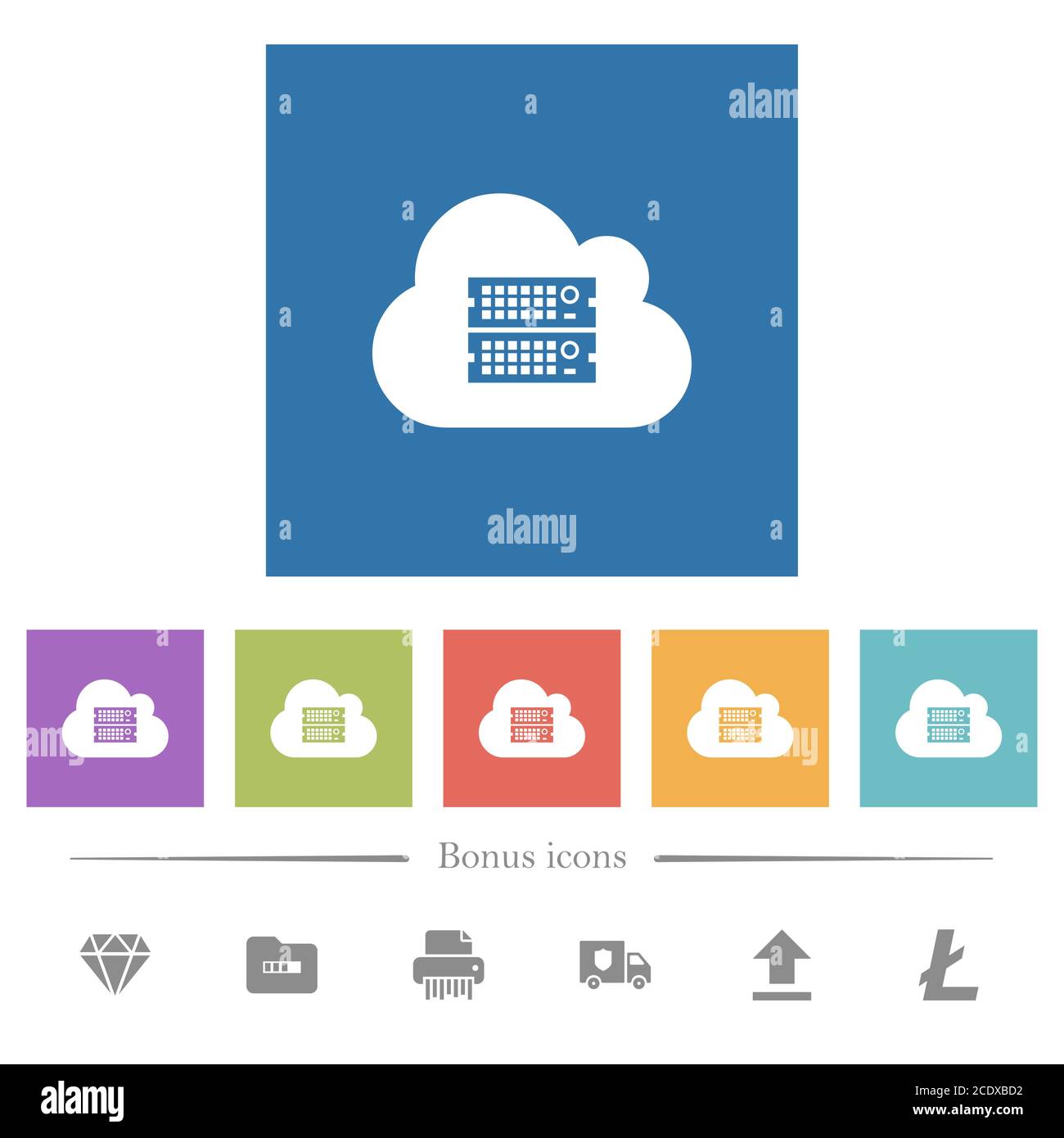 Cloud servers flat white icons in square backgrounds. 6 bonus icons ...