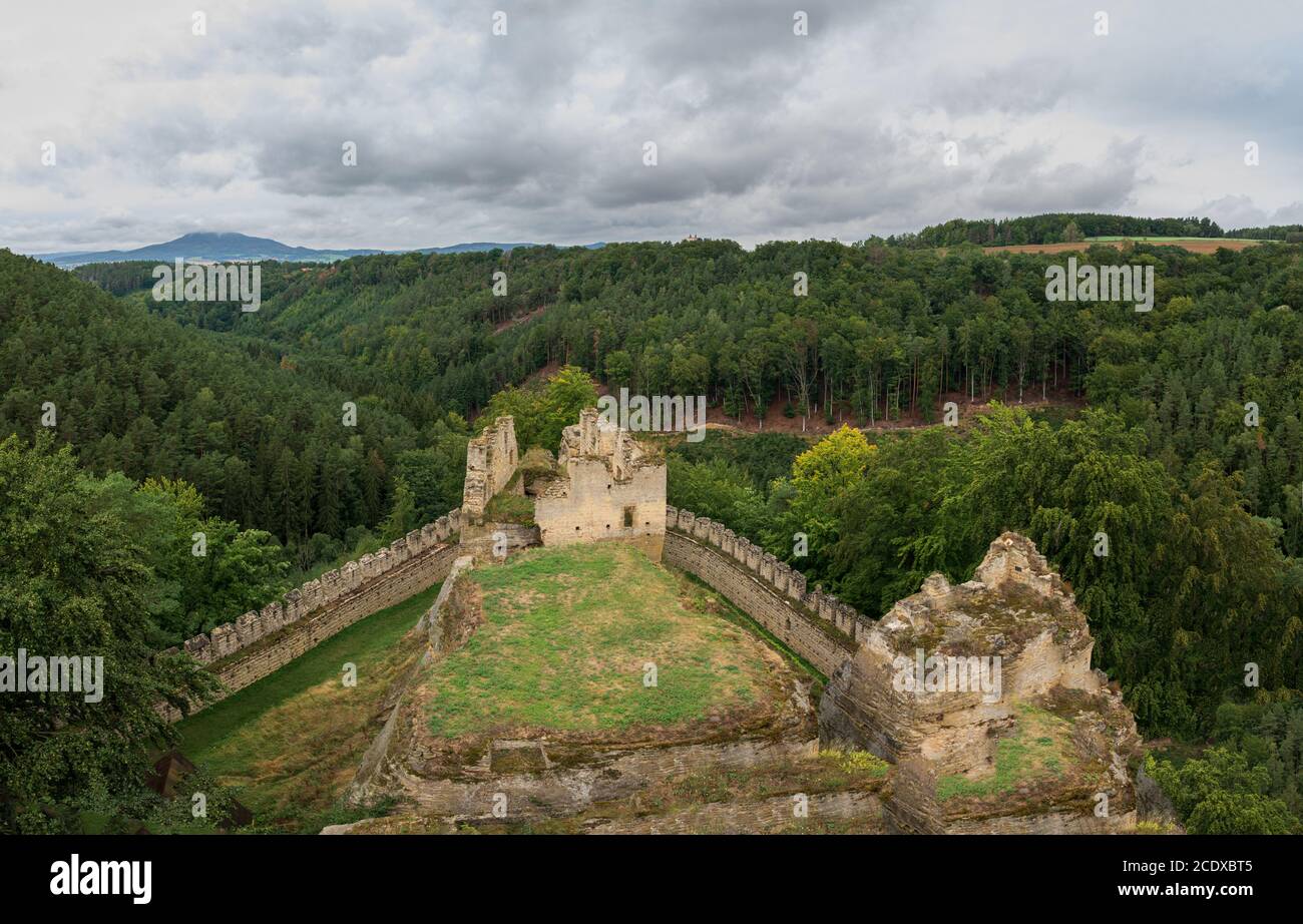 view from the tower of castle Helfenburk u Usteka on the castle ruins and the surrounding hills Stock Photo