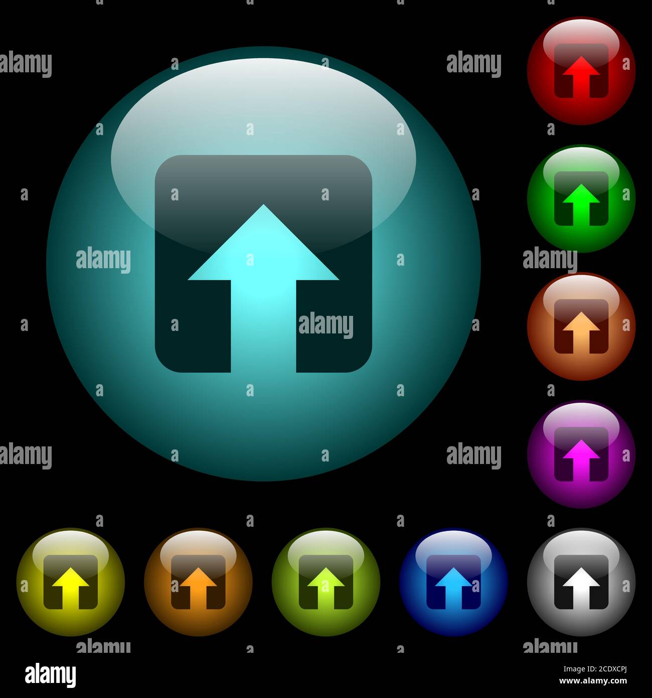 Upload icons in color illuminated spherical glass buttons on black ...