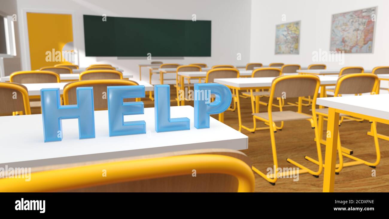 word help on a table in a classroom 3D rendering Stock Photo - Alamy