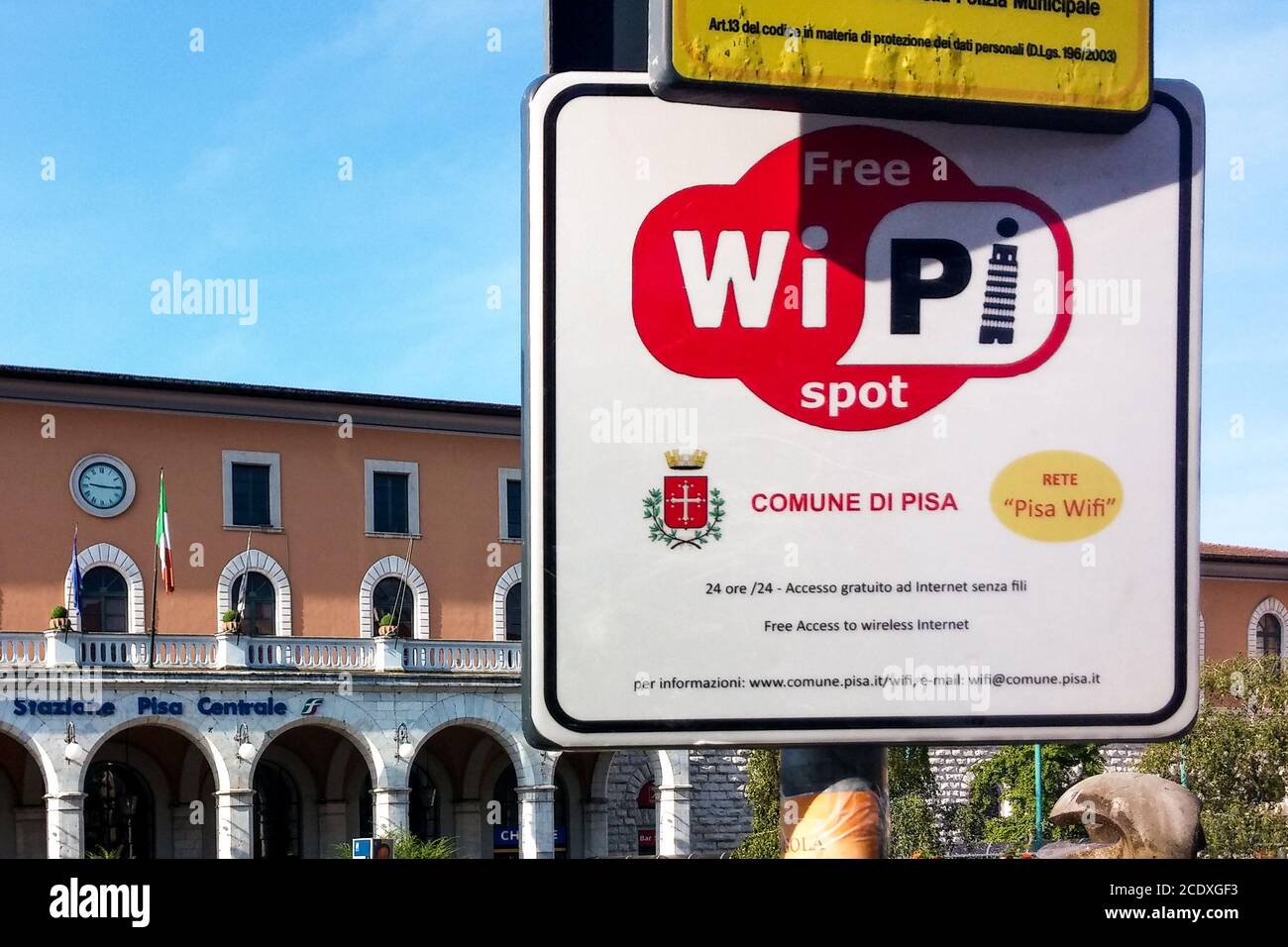 Pisa, Italy, Europe - Wi-Fi spot sign. Typography uniquely designed by using a pictogram of Leaning Tower of Pisa. Witty public design. Stock Photo