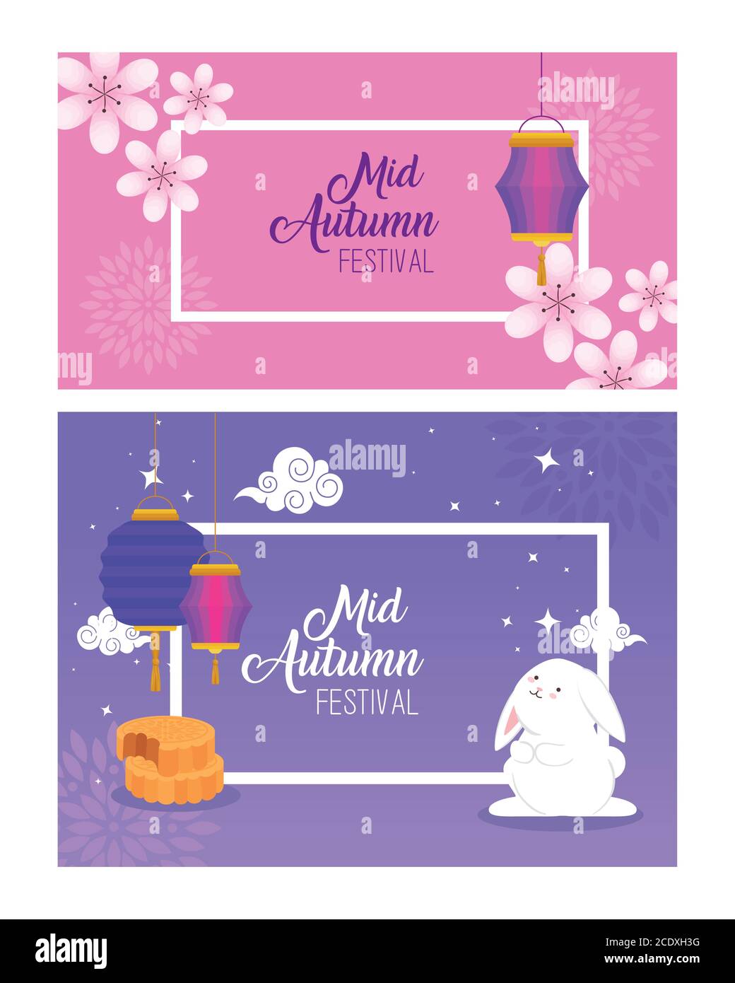 frames with rabbit lanterns flowers and mooncakes of happy mid autumn ...