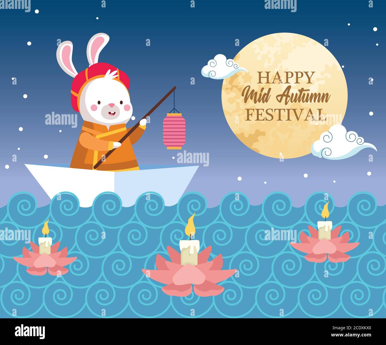 rabbit cartoon in traditional cloth with lantern in boat design, Happy mid autumn harvest festival oriental chinese and celebration theme Vector illustration Stock Vector