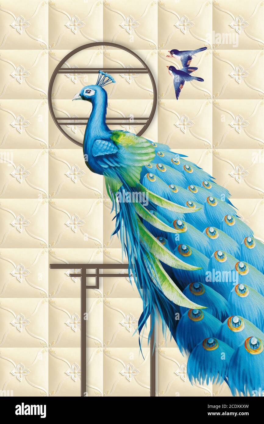 3d mural colored peacock on floral branches illustration background with  golden jewelry and flowers , simple decorative pattern wallpaper . Suitable  f Stock Photo - Alamy
