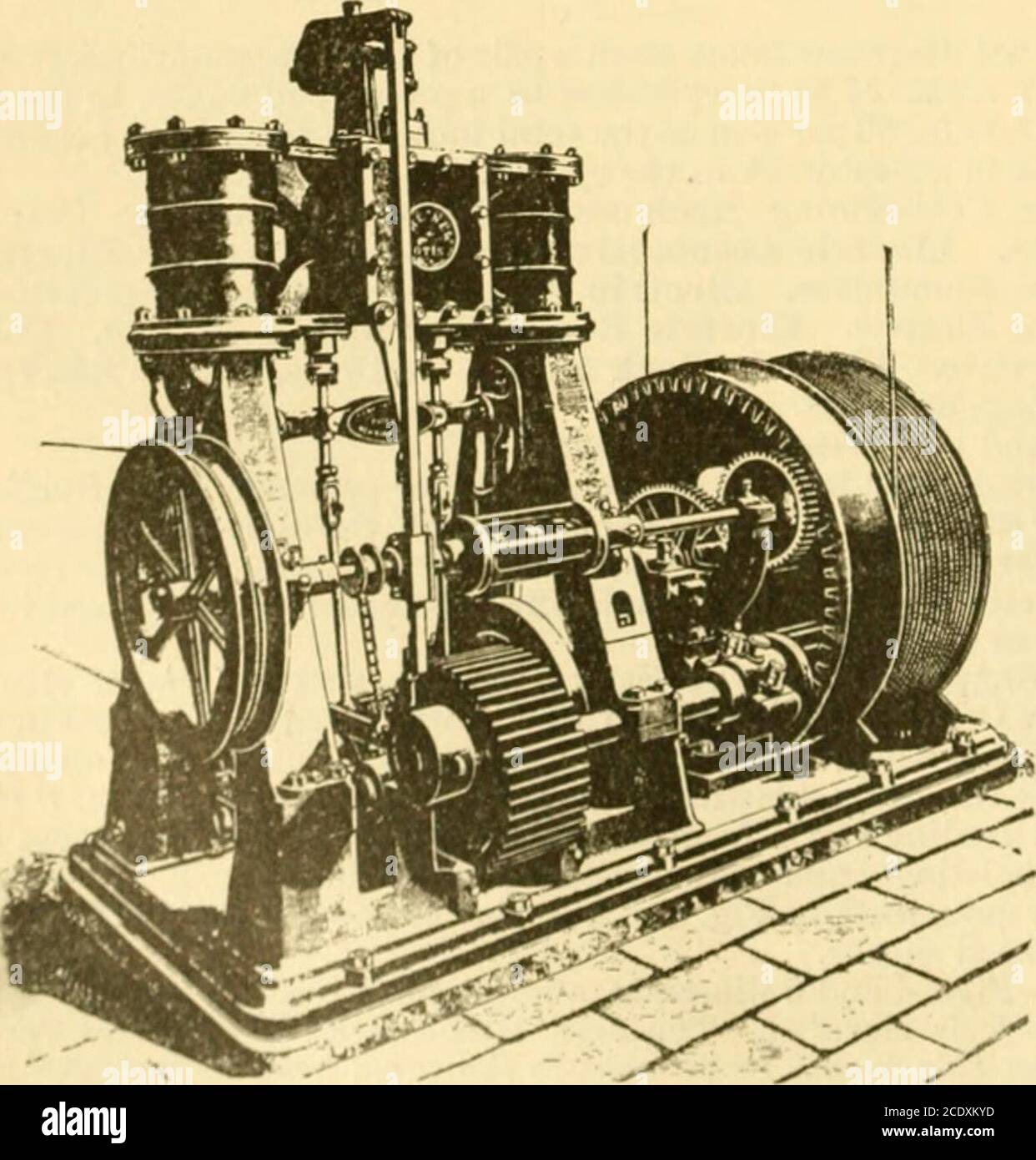 . Modern mechanism, exhibiting the latest progress in machines, motors, and the transmission of power, being a supplementary volume to Appletons' cyclopaedia of applied mechanics . Fio. J.—Elevator engine. FiQ. 1.—Steam freight elevator. The valve operates in the following manner:of the lower piston; therefore, when the smallpilot-valve is raised by the lever(thusopening communication be-tween the upper jiart of the largevalve-cylinder and the discharge-tank) tiie main valve will moveup: but the moment the valvebegins to move, it commences toclose the pilot-valve port, thuscutting off the disc Stock Photo