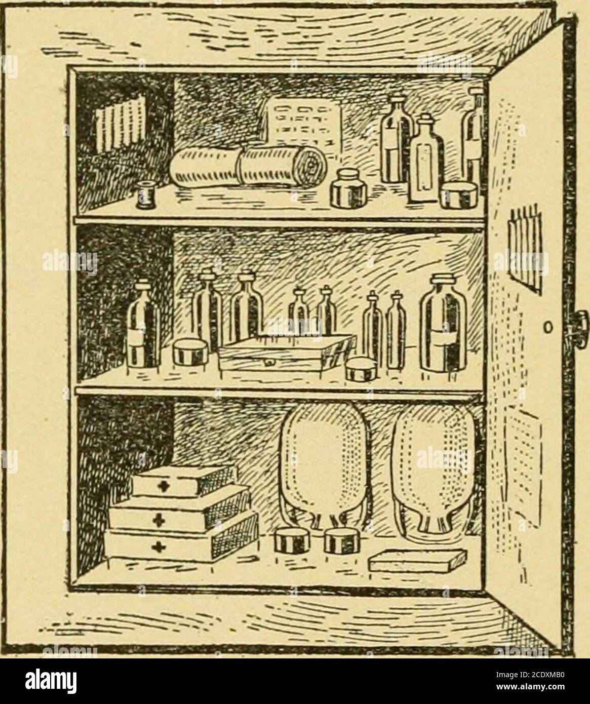 . Home and health; a household manual containing two thousand recipes and helpful suggestions on the building and care of the home in harmony with sanitory laws .. . good.Pieces of flannel which can be used for fomentations. Flaxseed and hopleaves for making poul-tices. Hot-water bags, spinebags, and ice bags. Full set of sj^ringeappliances. Fever thermometer.Common needle andthread. Needle and threadfor sewing wounds. Plenty of string, oneor two very strong ones.Vaseline, witch-hazel,a jar of cold-cream,package of bicarbonate of soda (for burns), bottle of olive-oil, spirits of camphor, oil o Stock Photo