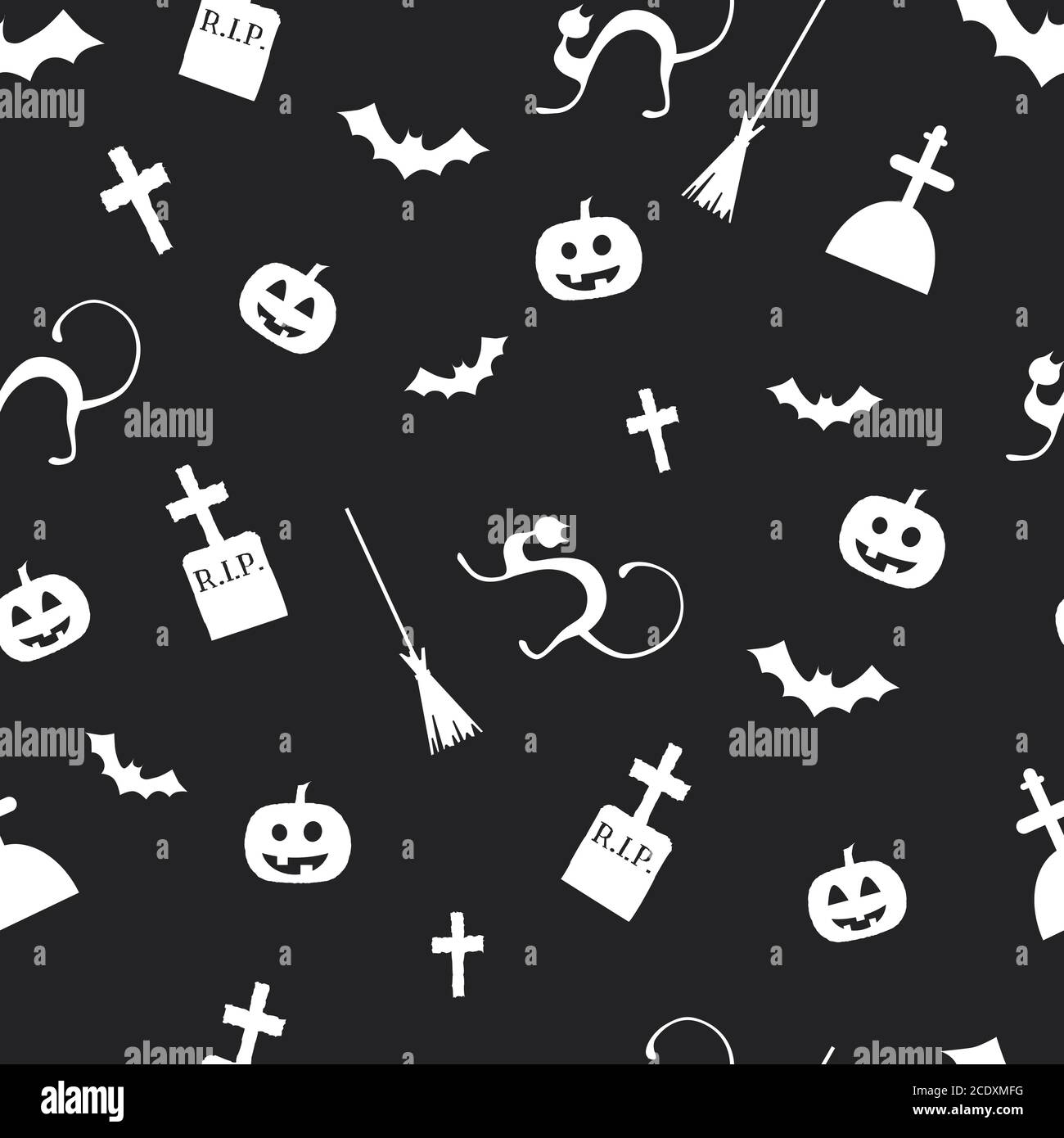 Halloween seamless pattern with pumpkins, black cats and witch brooms ...