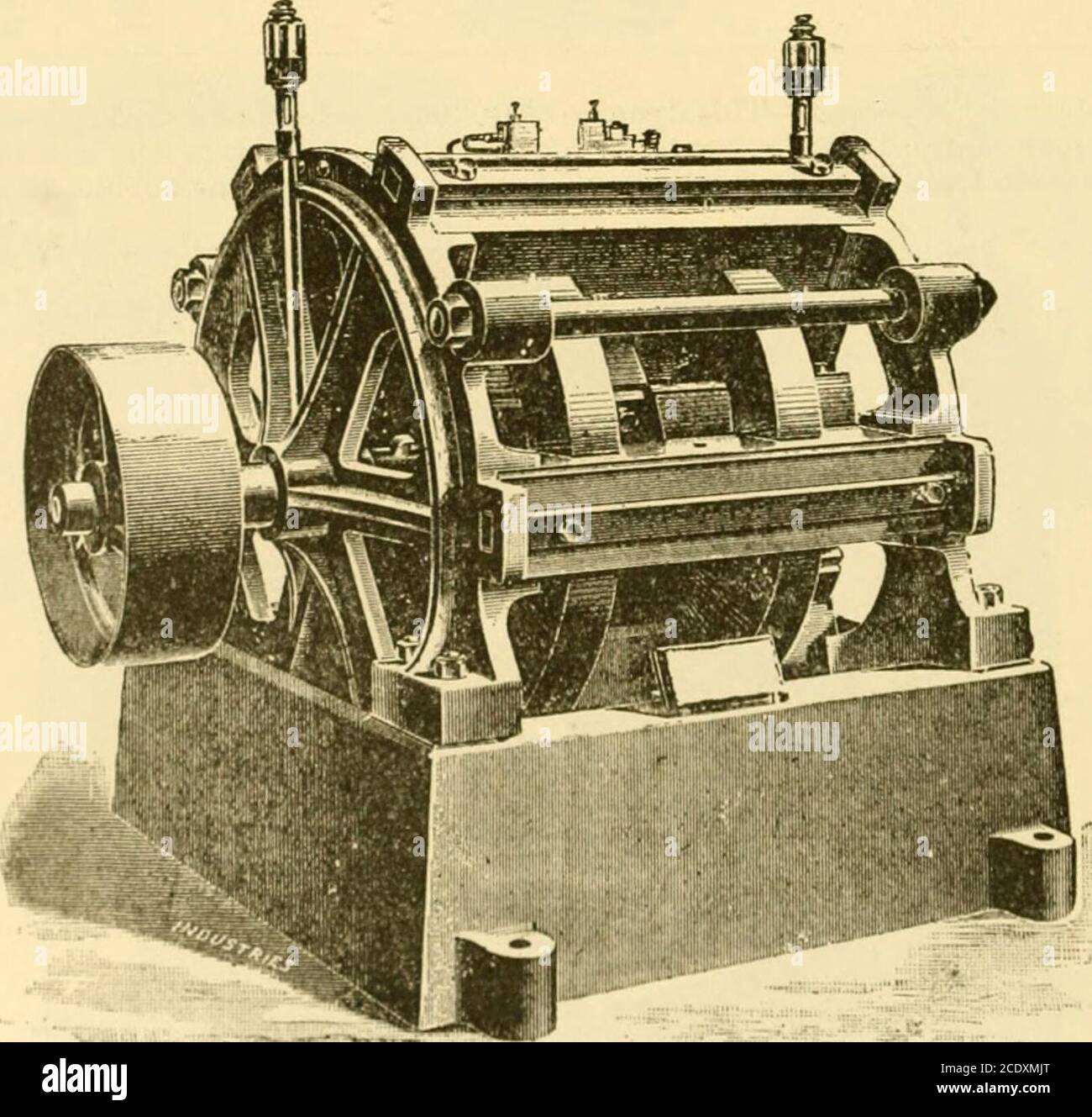 . Modern mechanism, exhibiting the latest progress in machines, motors, and the transmission of power, being a supplementary volume to Appletons' cyclopaedia of applied mechanics . Fig. 105.—Inductor-wheel.. Fia. lOU.--Kennedy alternator. surround the copper coils, which are simple rings of insulated wires ; the inductors are carriedon gun-metal wheels, and in revolving alternately open and close tlie magnetic circuit roundthe copper coils, Ilius intlucing current in them. There is no reversal of magnetism in anypart of the o|iiTation of the machine, only a simi)le rising and falling of the ma Stock Photo