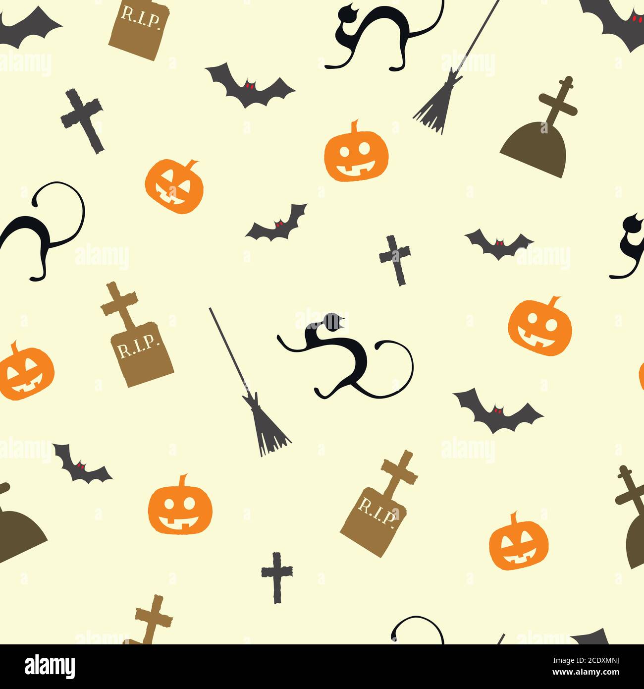 Halloween seamless pattern with pumpkins, black cats and witch brooms ...