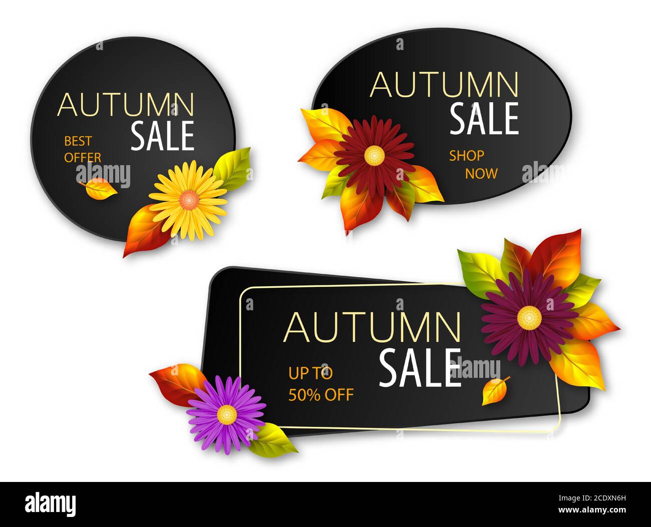 Set of autumn sale banners with realistic flowers and fall leaves ...