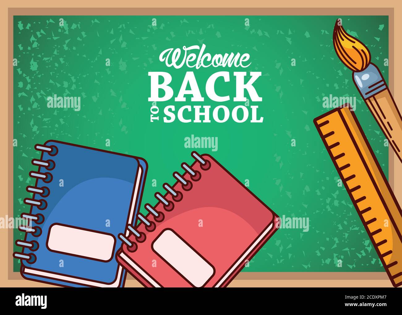 green board with notebooks ruler and paint brush design, Back to school ...