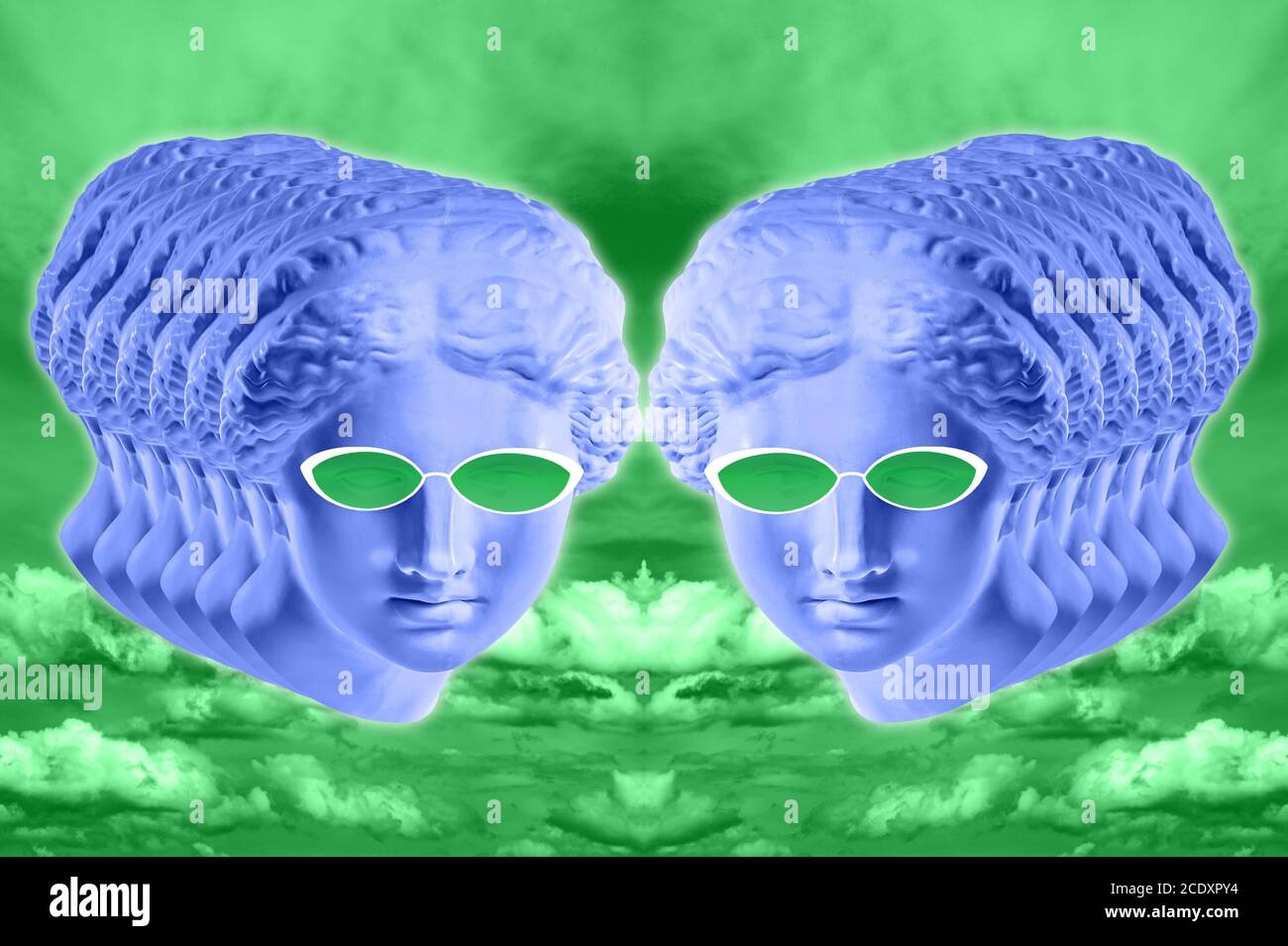 Collage with plaster antique sculpture of human face in a pop art style. Creative concept colorful neon image with ancient statu Stock Photo