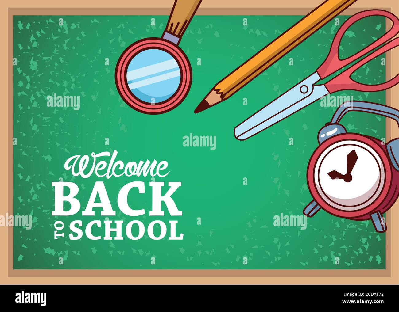 green board with lupe pencil scissor and clock design, Back to school ...