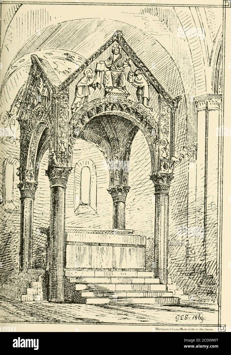 . Brick and marble in the middle ages: notes of tours in the north of Italy . striking object in the interior isthe magnificent Eomanesque baldachin above the high altar.This is supported on four marble shafts, and has a semi-circular arch on each face, with figures and foliage in thefour flat pediments or gables which finish it above. Threeflights of five stej)s lead up to the altar from the north,south, and west, and the whole is protected both on the eastand the west by high metal screens. Here is a splendidshrine for the relics of the tutelar saint, of the same age asthe early church, whic Stock Photo