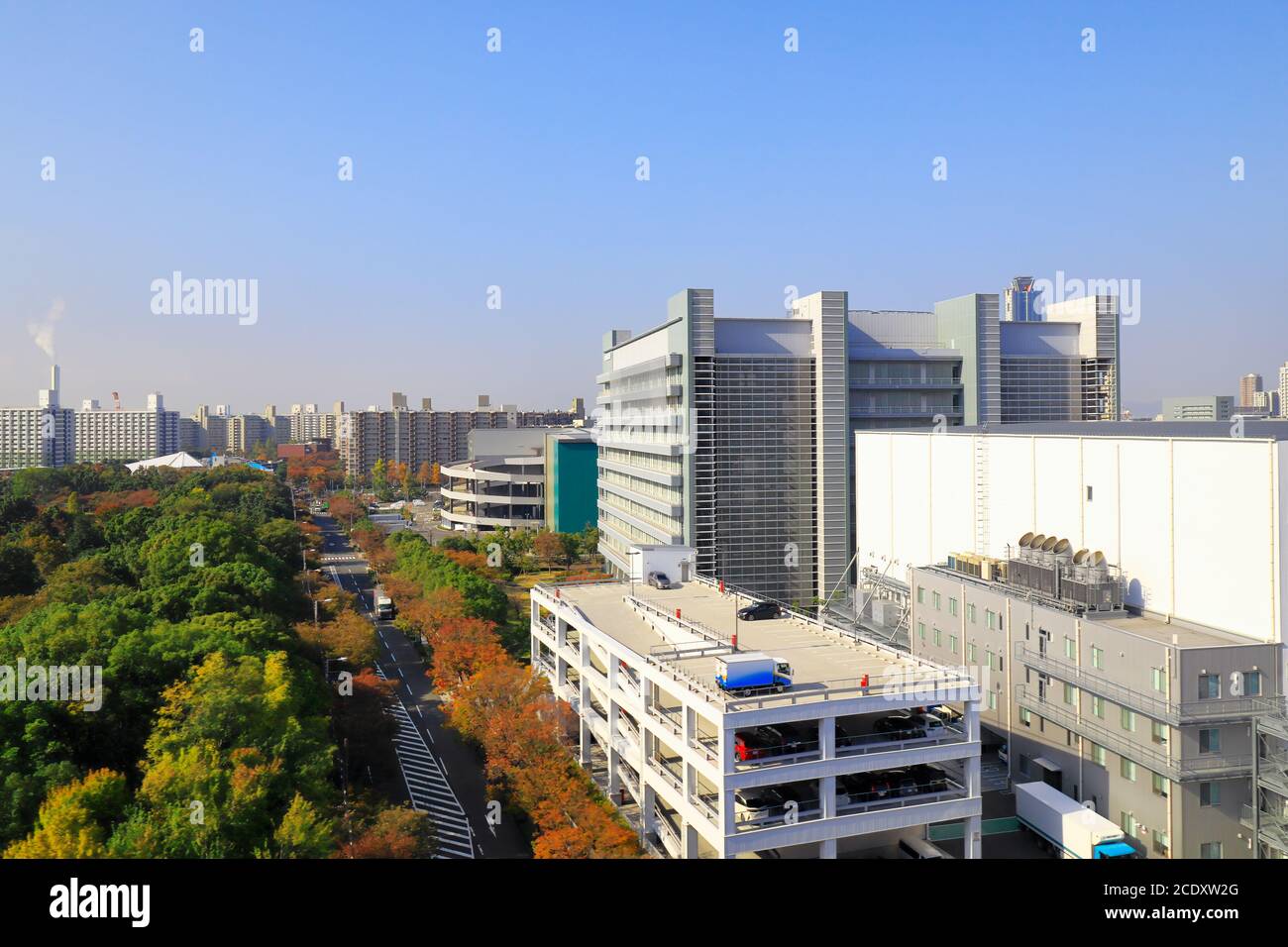 The beautiful  cityscape with modern factory buildings and colorful woods around in autumn,Osaka,Japan. Stock Photo