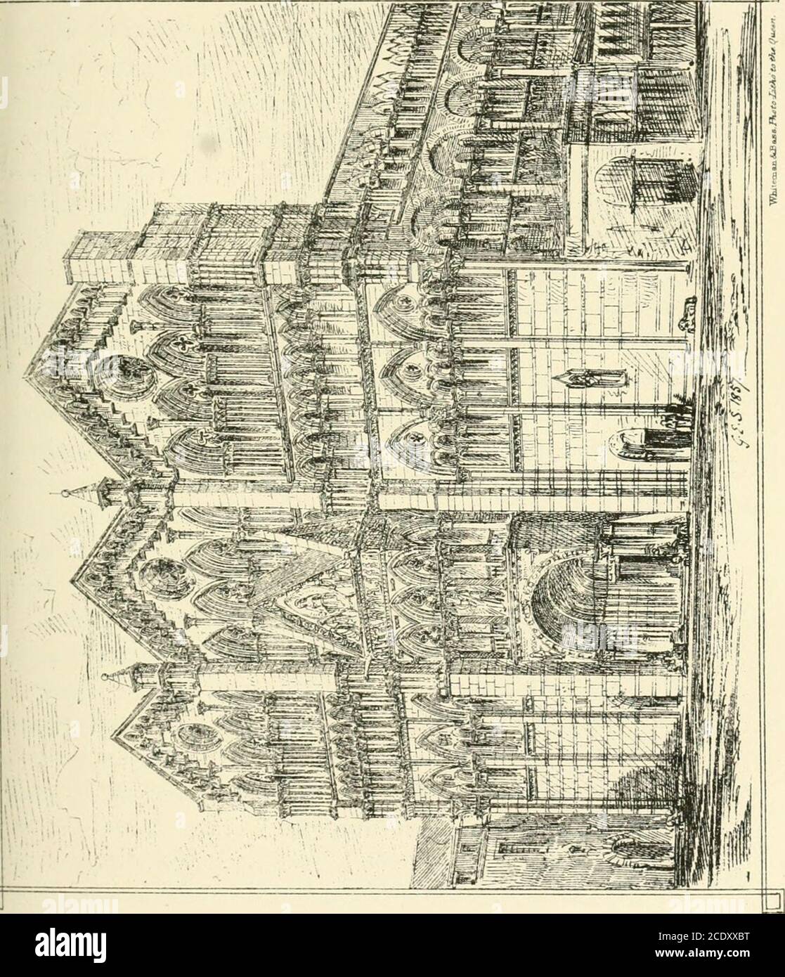 . Brick and marble in the middle ages: notes of tours in the north of Italy . xtraordinary pro-fusion one behind the other. The centre of the threedivisions of the west front is almost wholly filled with a veryfine porch of three stages in height, and finished with gableson its front and sides. The lower stage of this porch, asindeed of the whole church, is round-arched, and belongsprobably to the church consecrated here in 1135. Theknotted shafts which carry the front wall rest on figuressitting on lions. The doorway is deeply recessed, and hasfigures of saints with scrolls. The tympanum of t Stock Photo