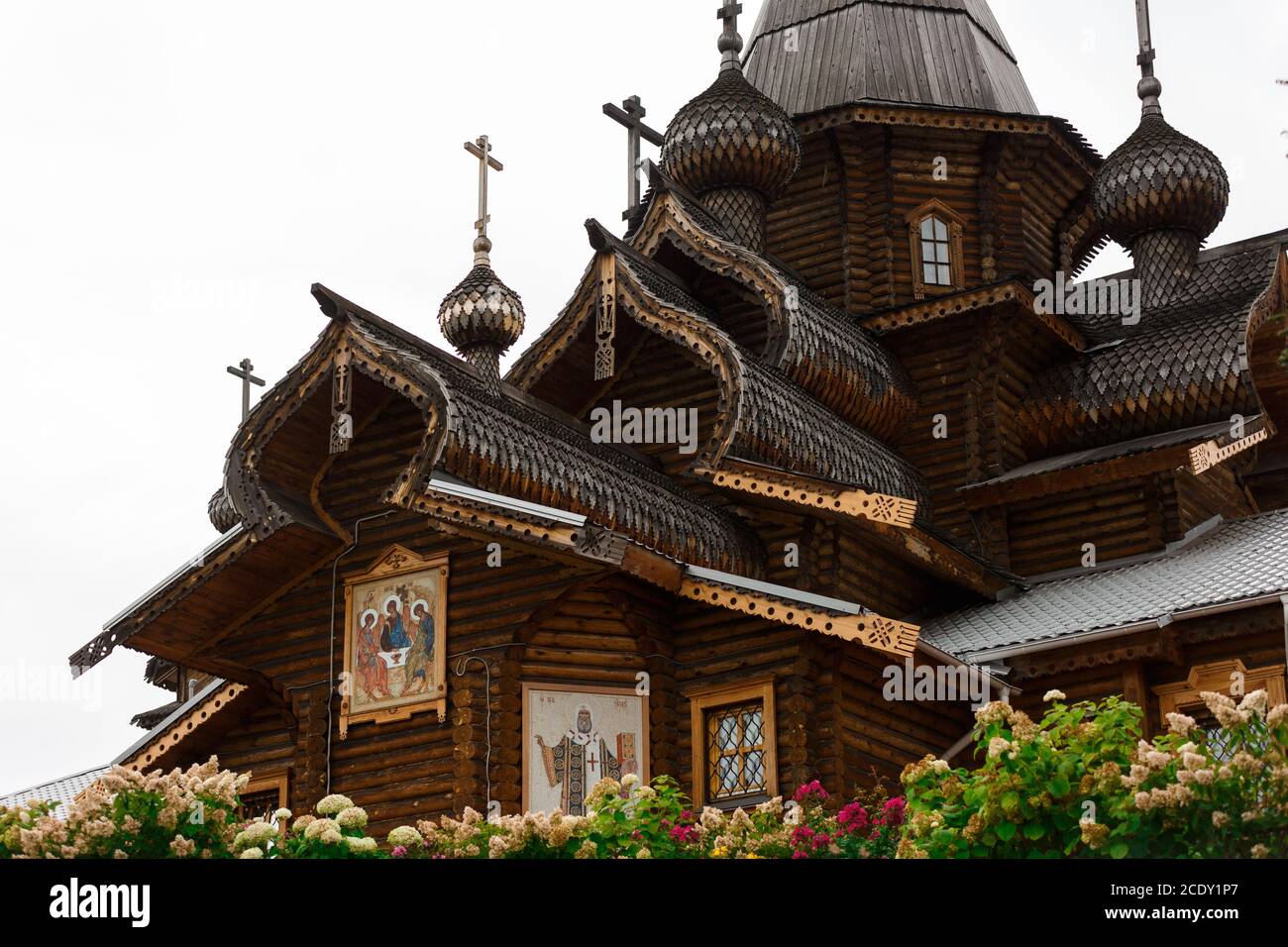Domes and crosses of a beautiful wooden Orthodox church against the ...
