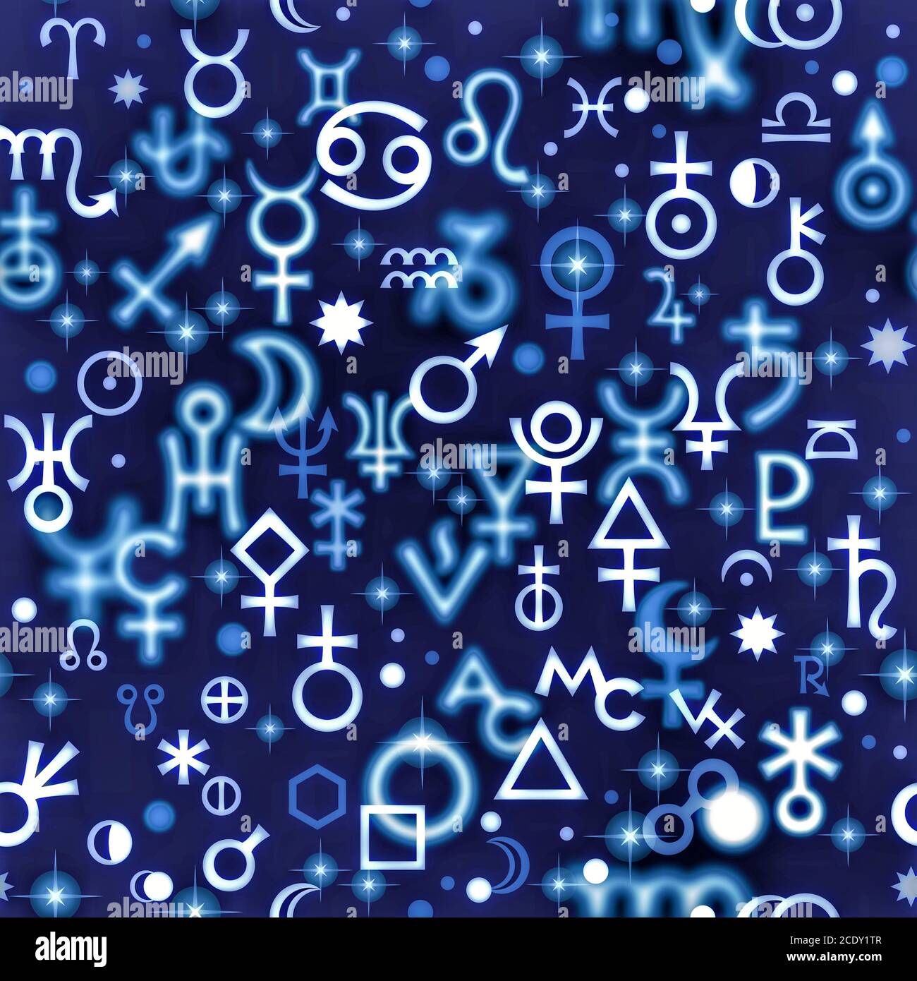 Astrological hieroglyphic signs, Mystic kabbalistic symbols. Twilight background, chaotic seamless pattern. Stock Photo