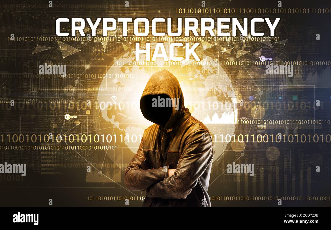 Faceless hacker at work with CRYPTOCURRENCY HACK inscription, Computer  security concept Stock Photo - Alamy