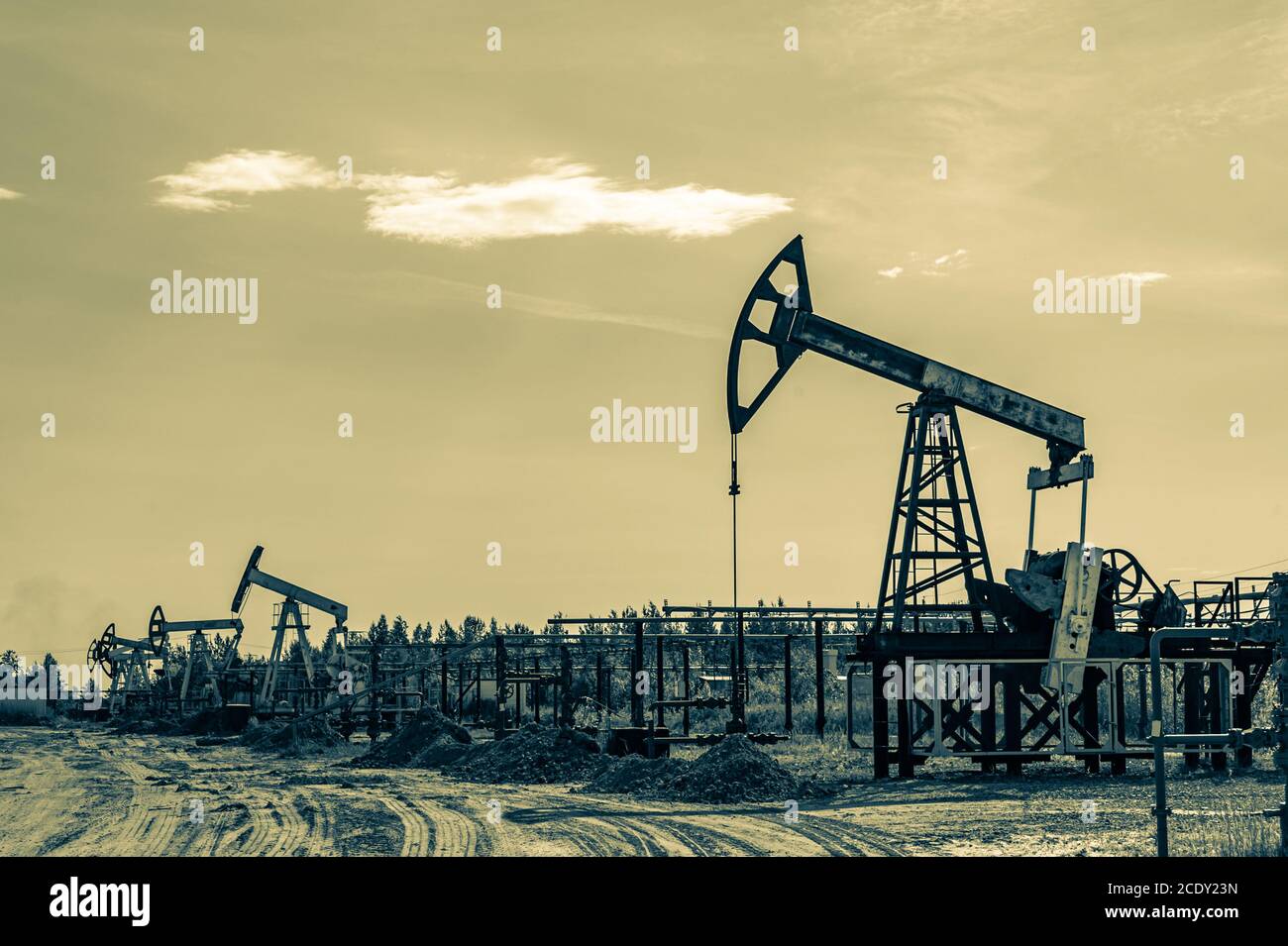 Petroleum concept. Oil pump rig. Oil and gas production. Oilfield site. Pump Jack are running. Drilling derricks for fossil fuel Stock Photo