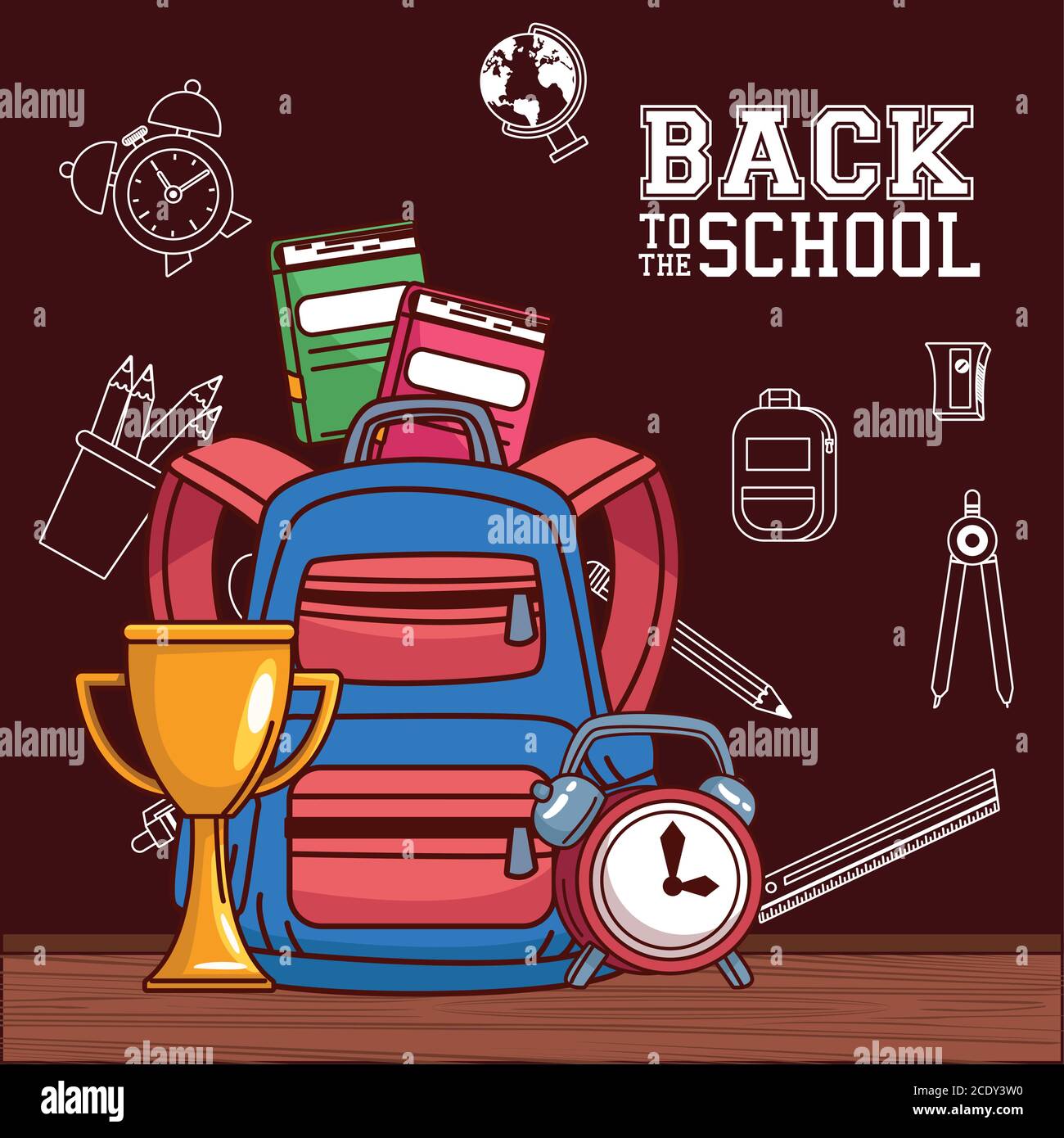 bag with trophy notebooks and clock design, Back to school eduacation ...