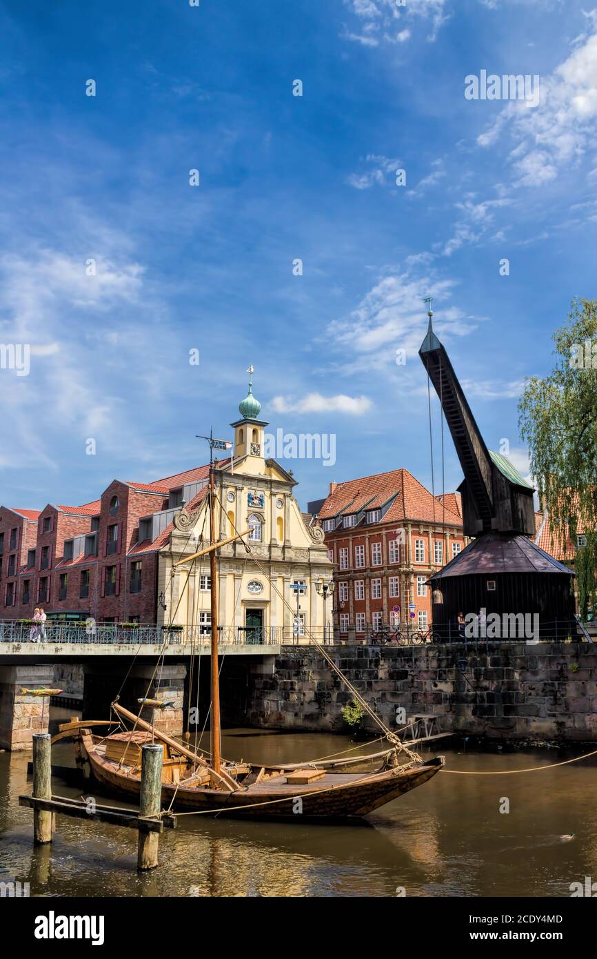 Port of Lueneburg with timber trolley crane, Germany Stock Photo