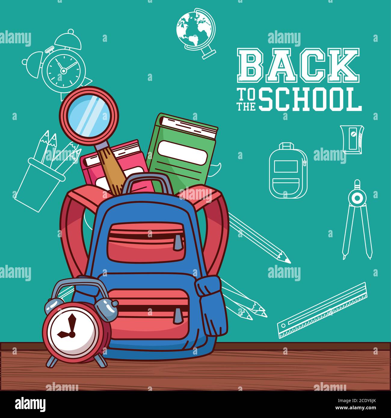 bag with notebooks lupe and clock design, Back to school eduacation ...