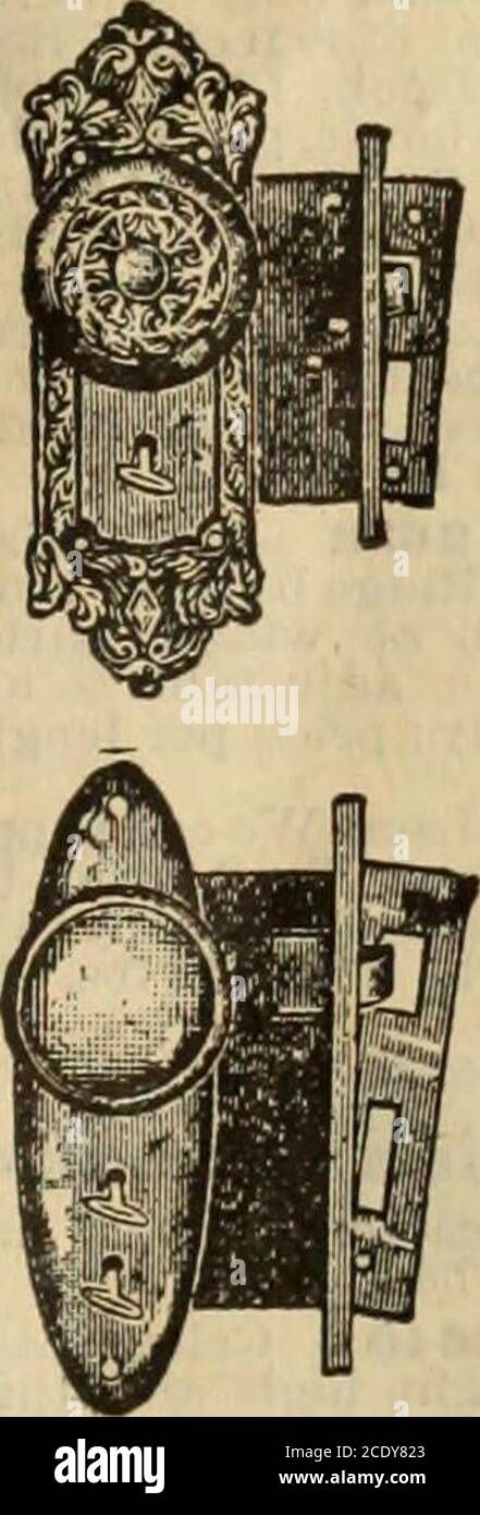 Stanley Mills & Co. ... catalogue no. 045 . Only 45c. H 2542 —Inside House  Door Set, asillustrated—antiquecopper finish. Setcomprises 1 mortiselock,  31/2x31/2 in..reversible, 1 pairmetal knobs ; 2 es-cutcheons, 61/4