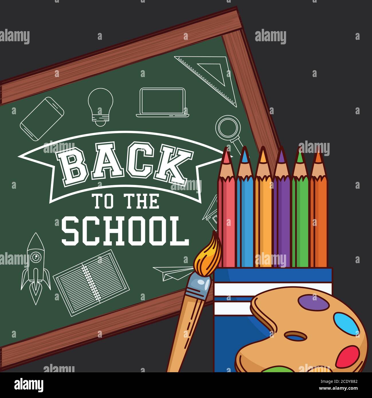 green board with colored pencils paint brush and palette design, Back ...