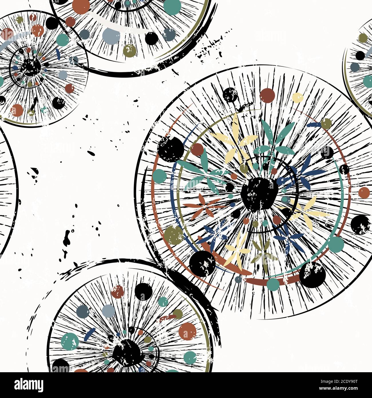 seamless background pattern, with circles/dots, lines, strokes and splashes Stock Vector