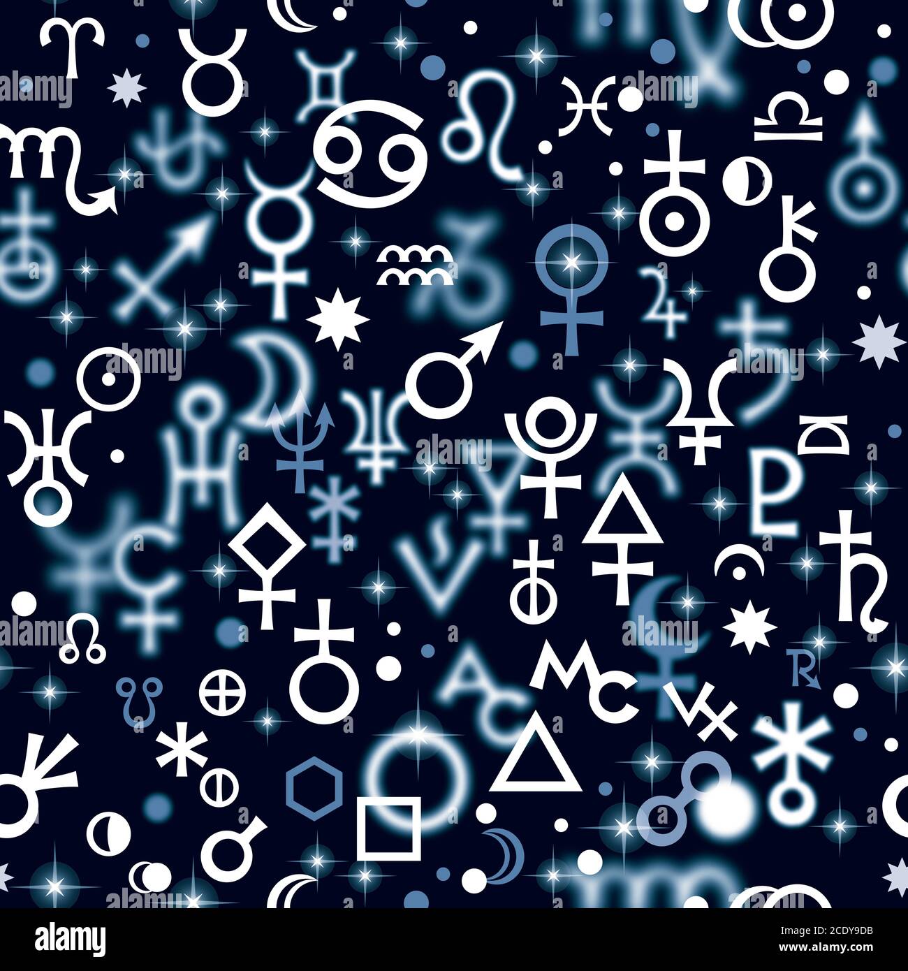 Astrological hieroglyphic signs, Mystic kabbalistic symbols. Deep Night background, Chaotic seamless pattern. Stock Photo