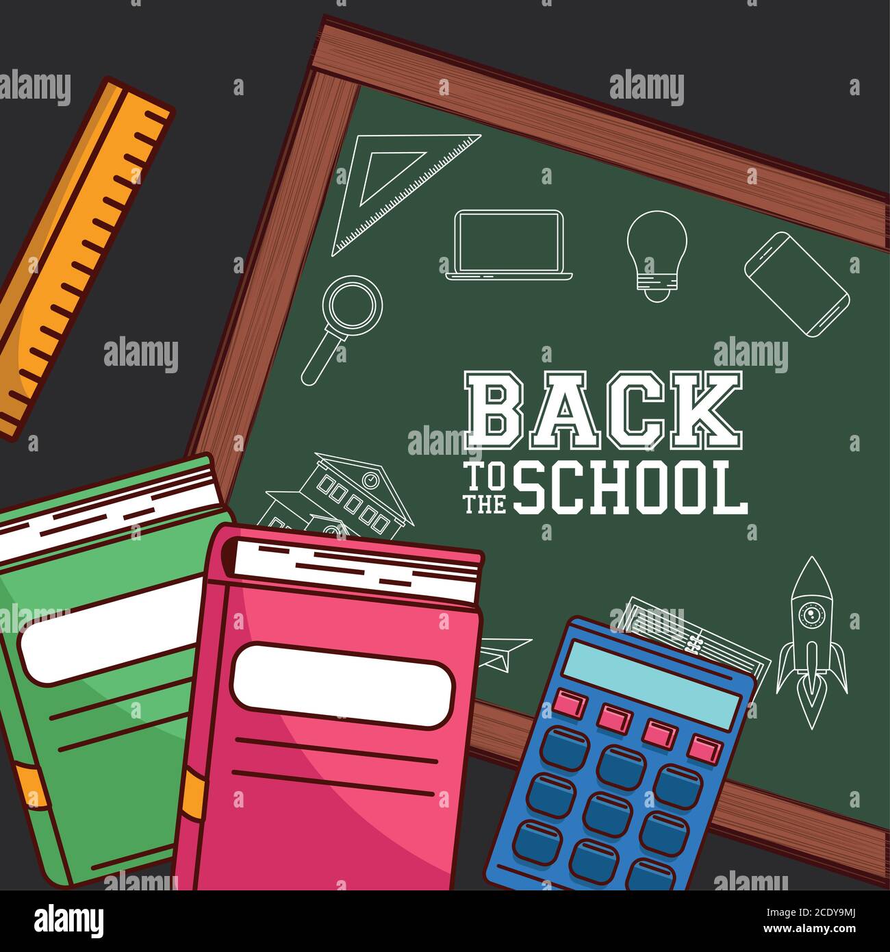 green board with notebooks calculator and ruler design, Back to school ...