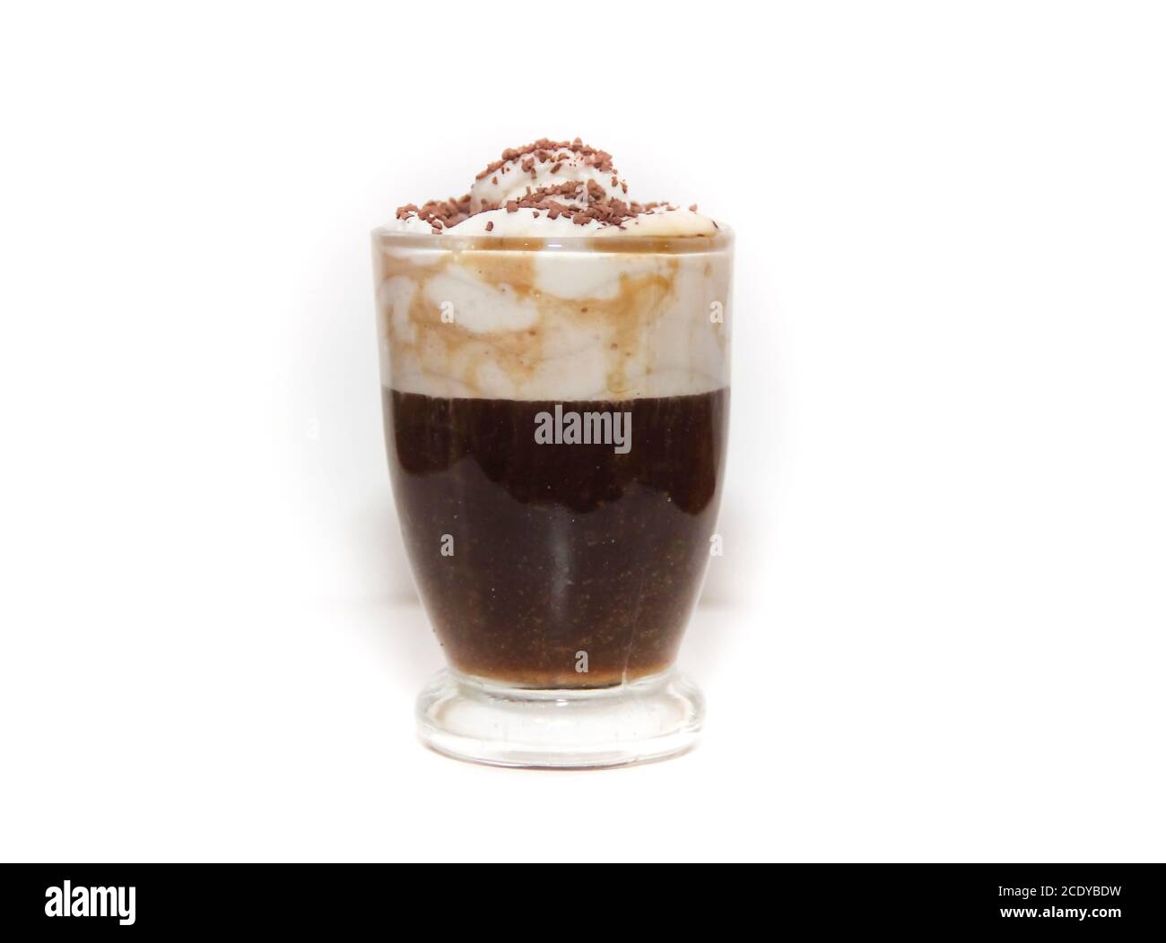 espresso irish coffee with cream and chocolate on white background