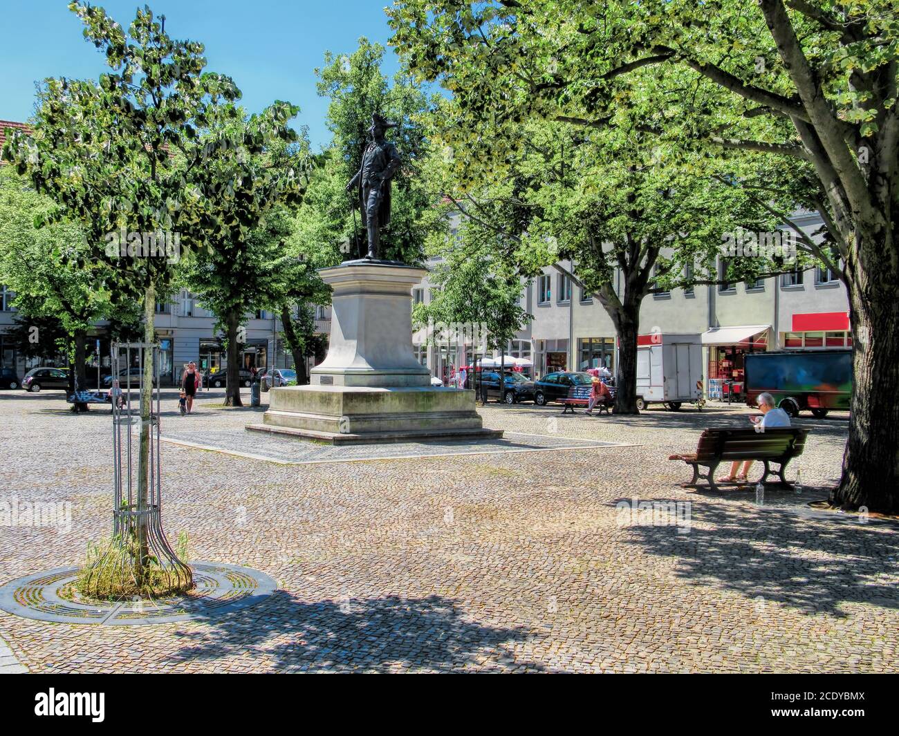 Berlin, Germany - market square with Frederick the Great monument in Friedrichshagen Stock Photo