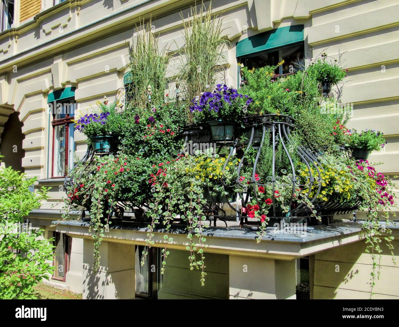 Berlin, Germany - balcony with lots of flowers on an old house Stock Photo