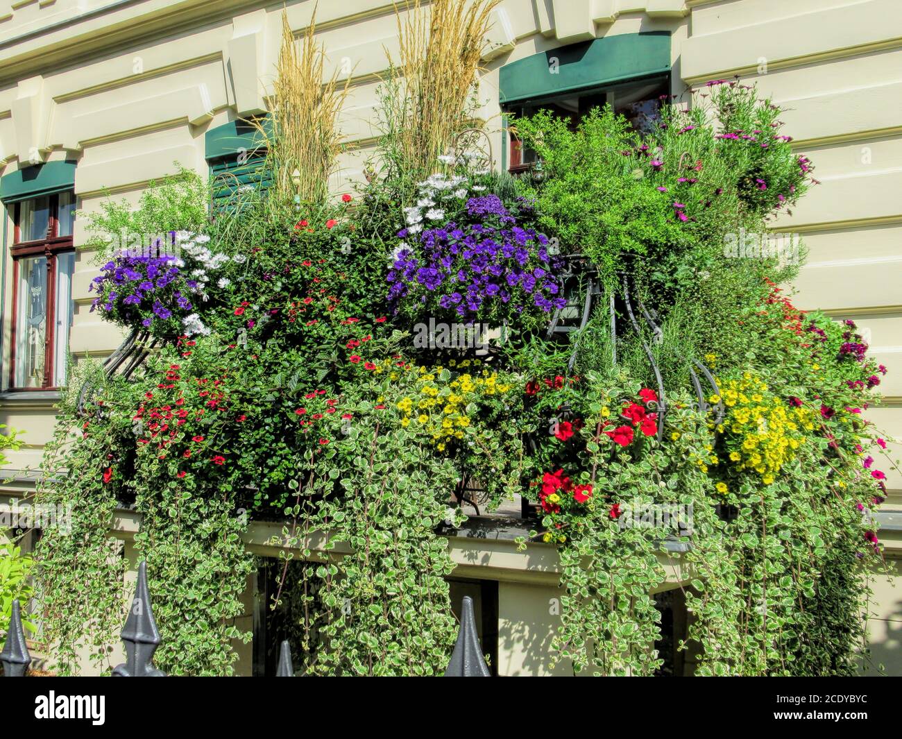 berlin, germany - 22.08.2019 - balcony on an old house with colorful flowers Stock Photo