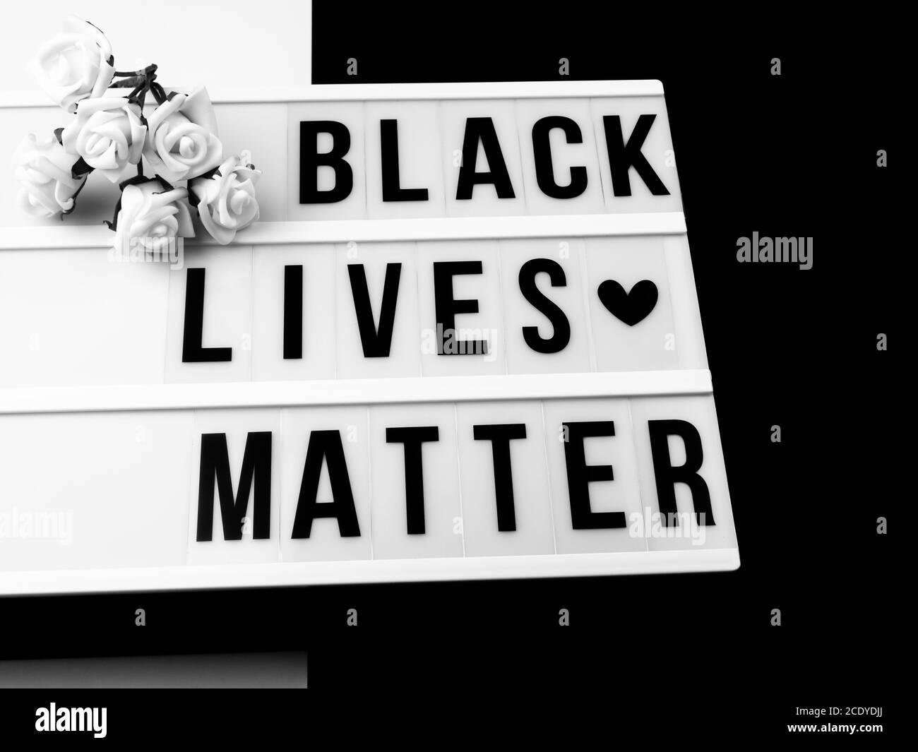 Light box with the text black lives matter and white roses against black and white background Stock Photo