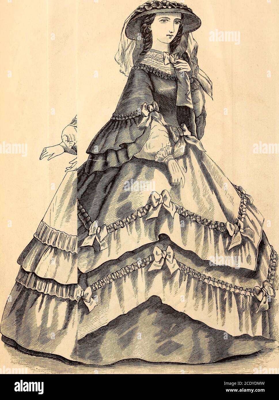 Godey's lady's book . Mauve silk dross, with squares set on of a lighter  shade, bordered with black velvet. Whitechip hat, trimmed with black lace,  violets, and violet ribbou. Fig. 1.Azurllne