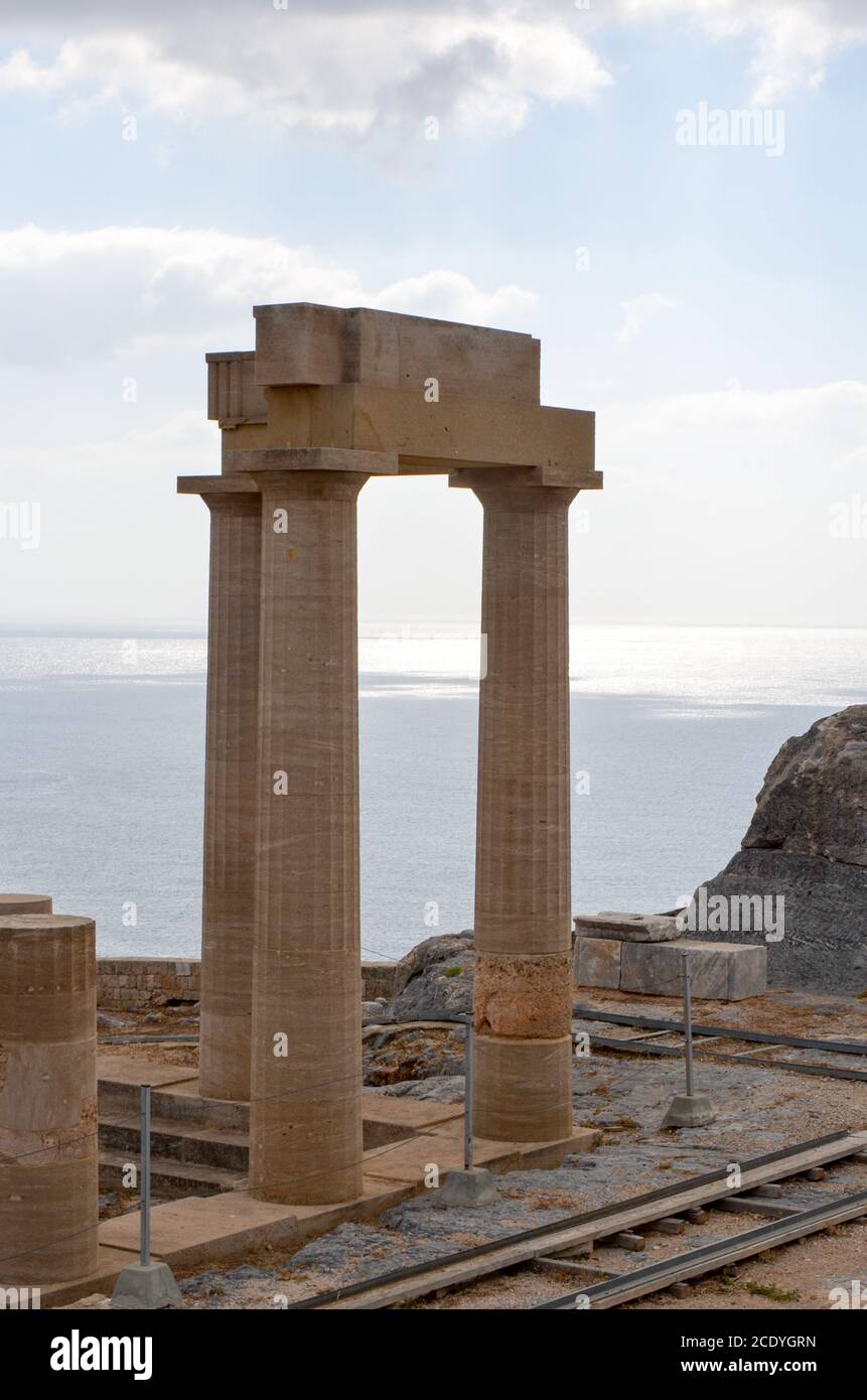 The Doric Temple of Athena Lindia, Acropolis of Lindos Rhodes, Greece Stock Photo