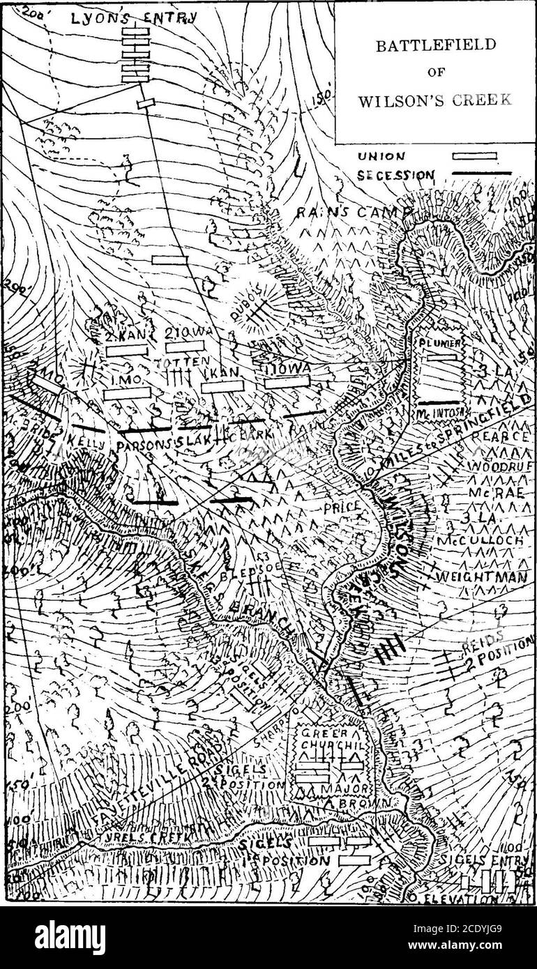. The Union cause in St. Louis in 1861 [electronic resource]: an historical sketch . s onboth sides of Wilsons Creek. This creek rises near the town ofSpringfield, flows four to five miles westward, then takes an almostsouthern direction for nearly ten miles before it empties into JamesLiver a tributary of White River. One mile above the mouth ofWilsons Creek it is joined from the West by Tvrell Creek and nearone and one-half mile further north by Skcgg;s Branch, coming alsofrom the West. The road from Cassville. called the Favetteville road,crosses both branches mentioned, then runs a mile no Stock Photo