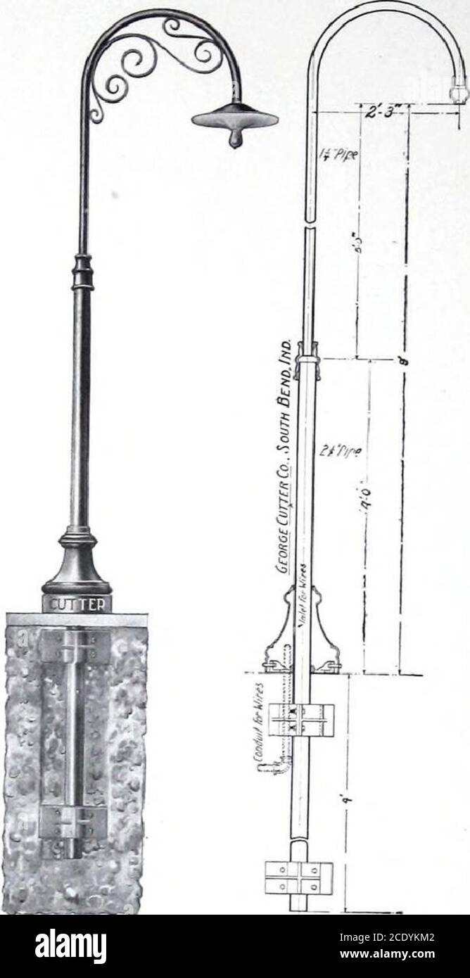 . Cutter Street and Industrial Lighting Fixtures Catalogue No. 13 . made of 4-inch and 2K2-inch pipe, with the ^-i;^^ P/P^^^^J^^^^P^^ [^l^^^,^the gioand. The cast iron base has a door to make wu-in^ easy, ^he cnook is n ade o IH i^c^^pipe and holds the lamp 2 feet 3 inches from the column The height ^^^/.f^^^^^^^/^^^^^^^^Pi^re^i below include high voltage insulator, or 8-iuch pjlobe holder and ^edimn so^ew socKecor isleh hood, r^^^^^^ medium screw socket. If scroll is not wanted, deduct .2.00 from list. For ground anchors, add S5.50 to list. INTERURBAN CROOKS AND SWAN NECKS WithInsulator 21218 Stock Photo