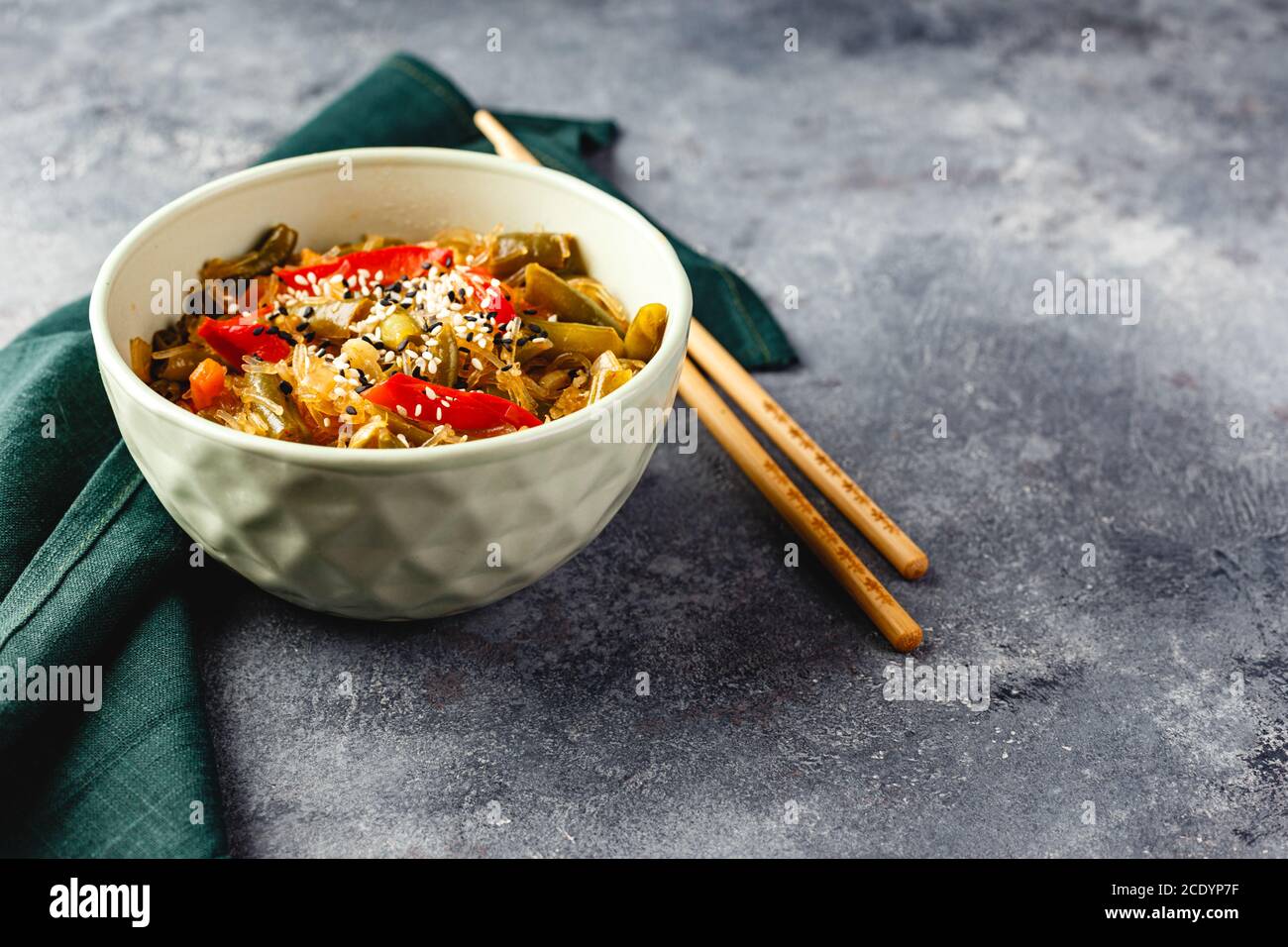 Noodles and green beans. Stock Photo