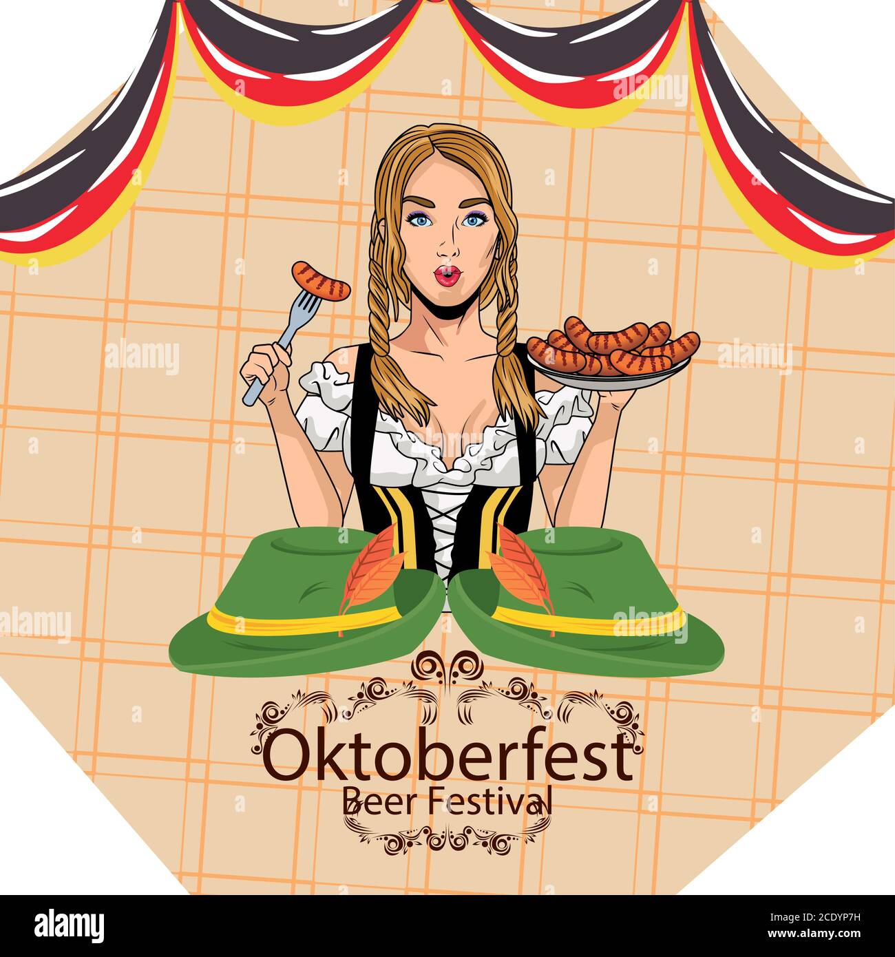 Woman Cartoon With Traditional Cloth Sausages And Hats Design 