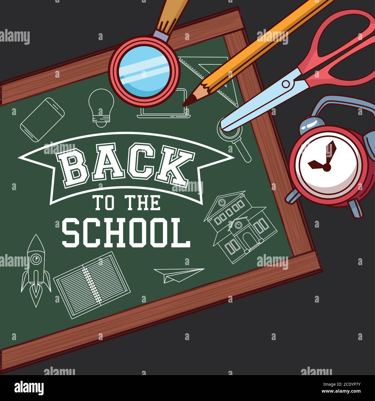 green board with lupe pencil scissor and clock design, Back to school ...